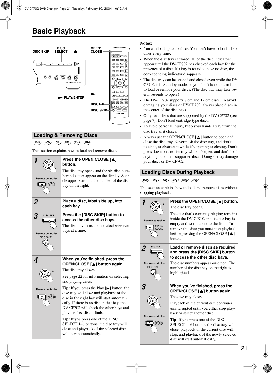 Basic playback, Loading & removing discs, Loading discs during playback | Onkyo DV-CP702 User Manual | Page 21 / 48