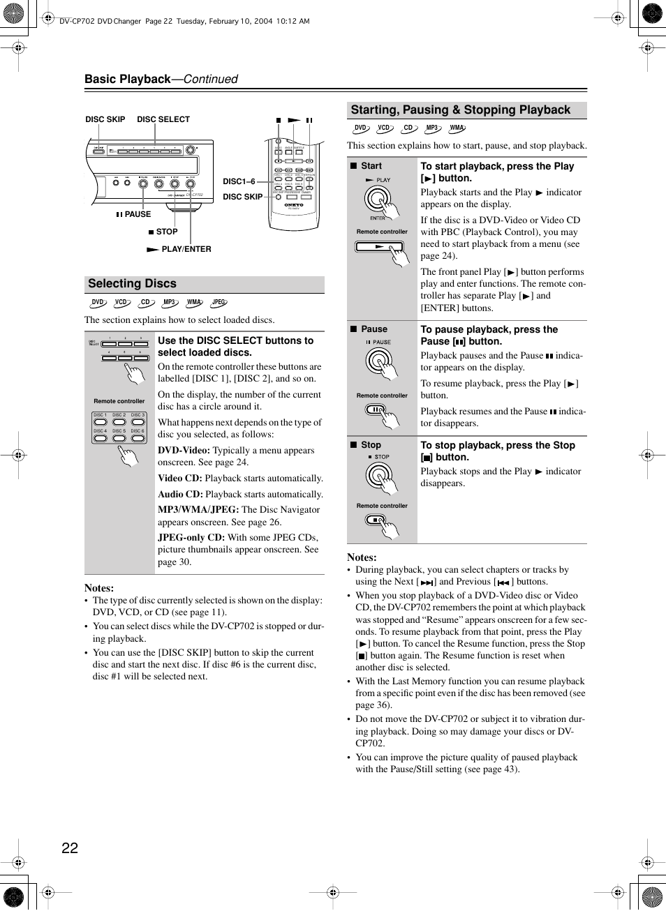 Basic playback —continued, Selecting discs, Starting, pausing & stopping playback | Onkyo DV-CP702 User Manual | Page 22 / 48