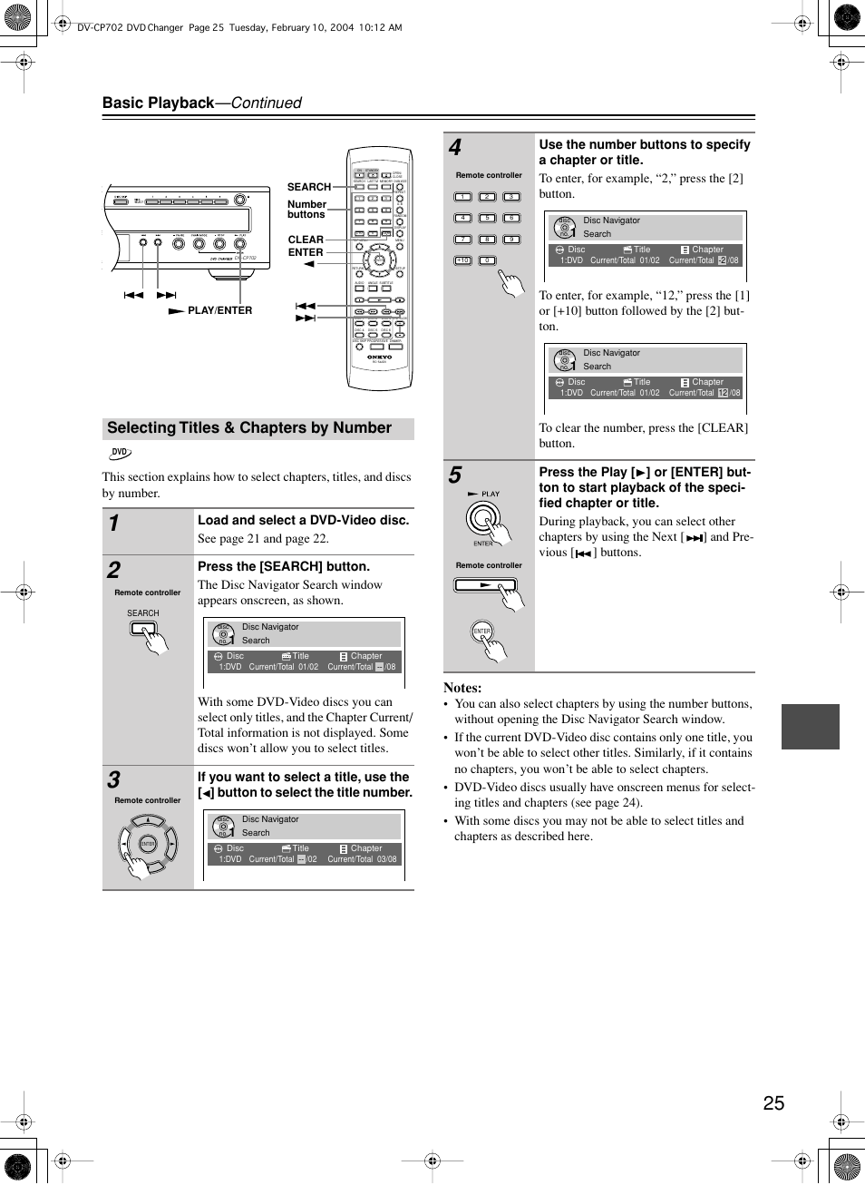 Basic playback —continued, Selecting titles & chapters by number | Onkyo DV-CP702 User Manual | Page 25 / 48