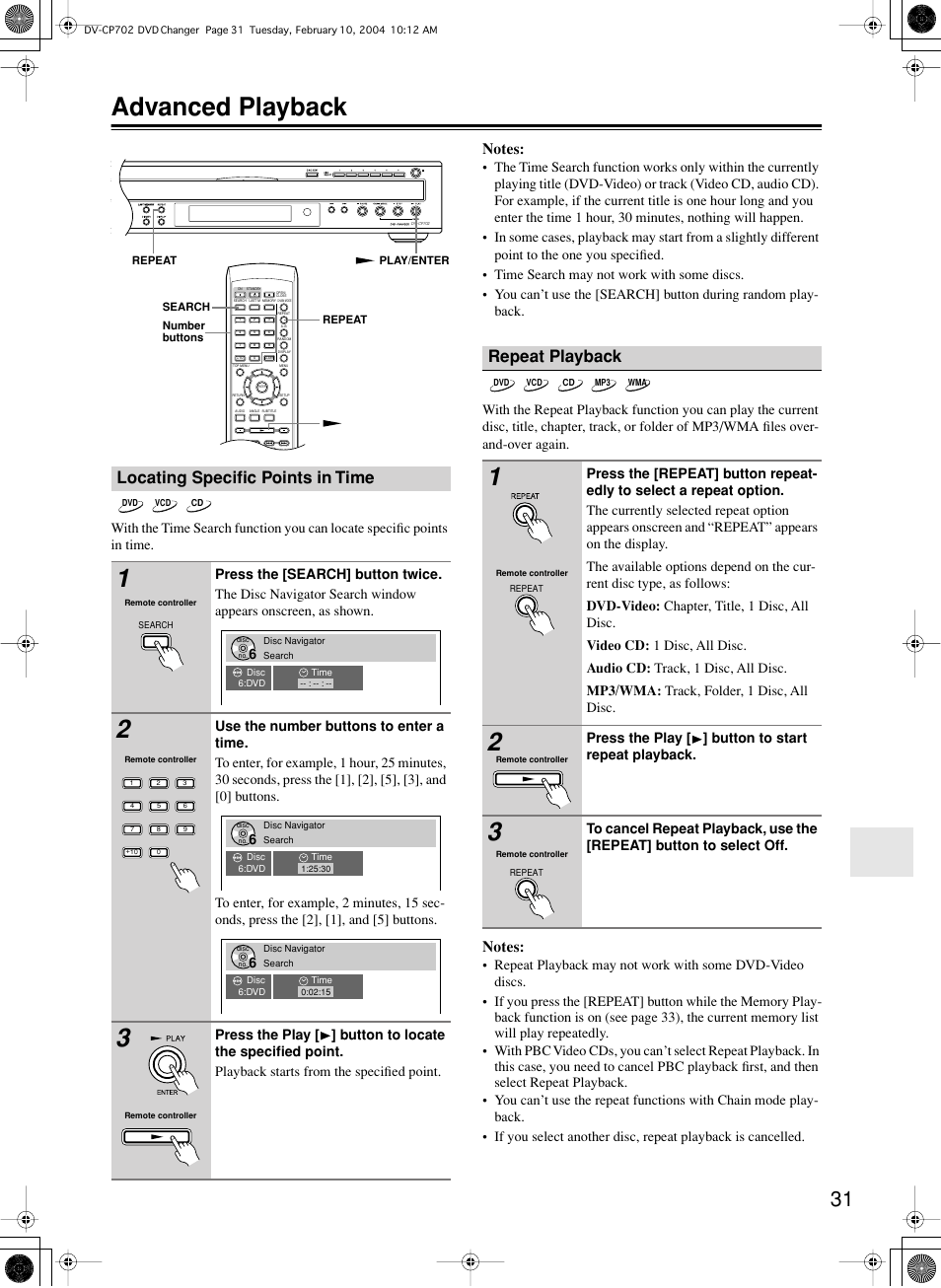 Advanced playback, Locating specific points in time, Repeat playback | Onkyo DV-CP702 User Manual | Page 31 / 48