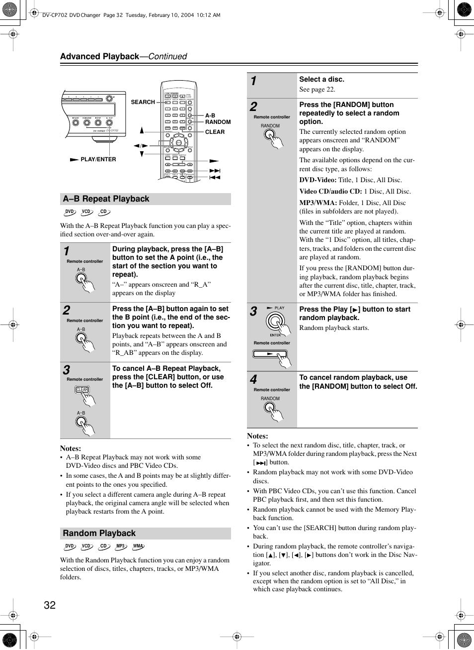 Advanced playback —continued, A–b repeat playback, Random playback | Onkyo DV-CP702 User Manual | Page 32 / 48