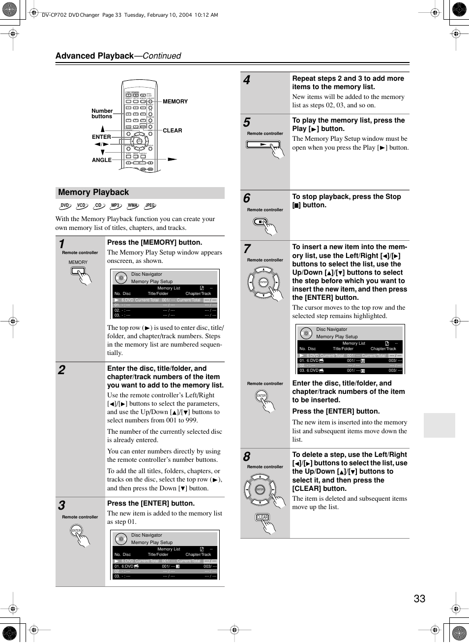 Advanced playback —continued | Onkyo DV-CP702 User Manual | Page 33 / 48