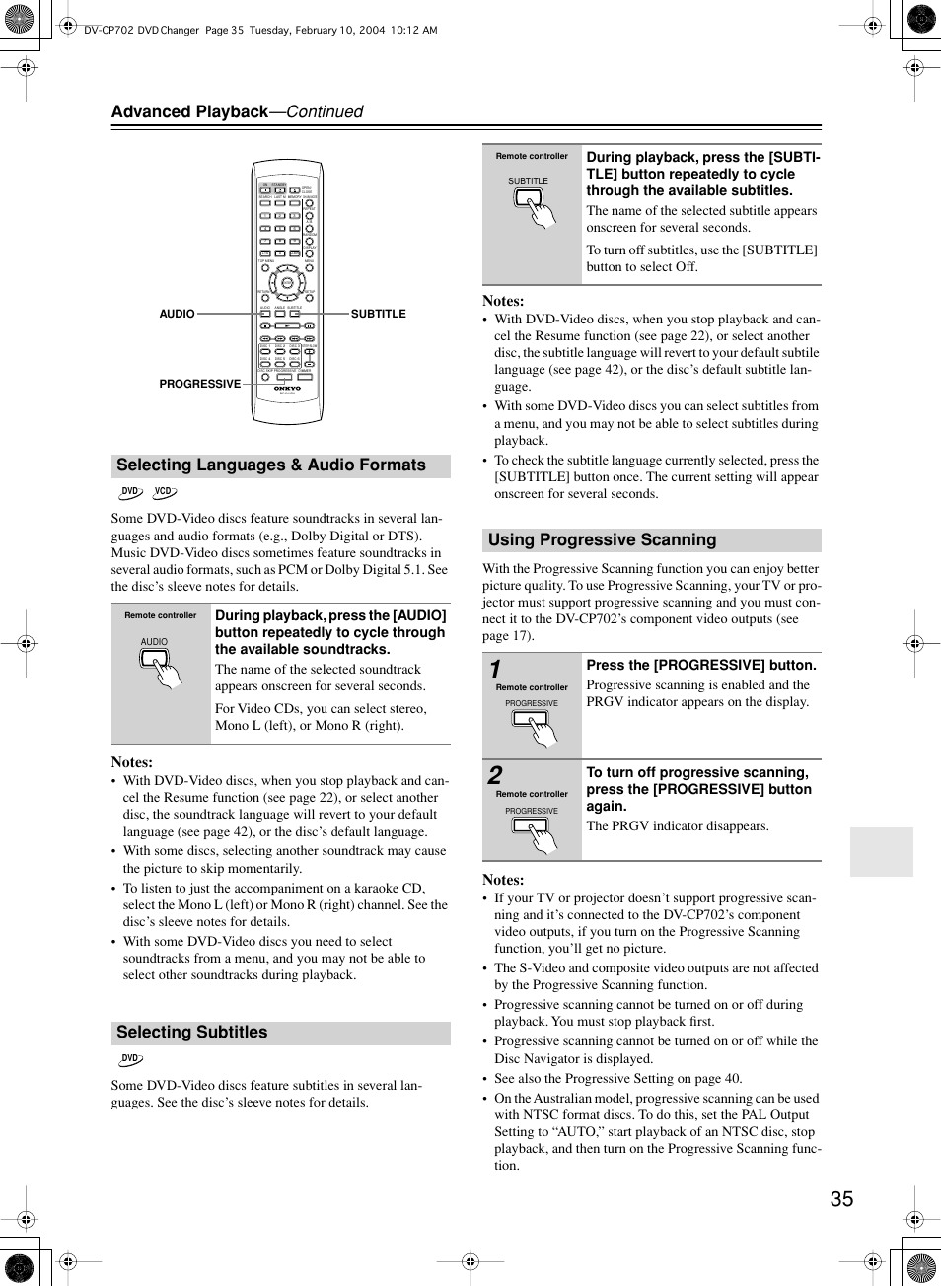 Advanced playback —continued, Selecting languages & audio formats, Selecting subtitles | Using progressive scanning | Onkyo DV-CP702 User Manual | Page 35 / 48