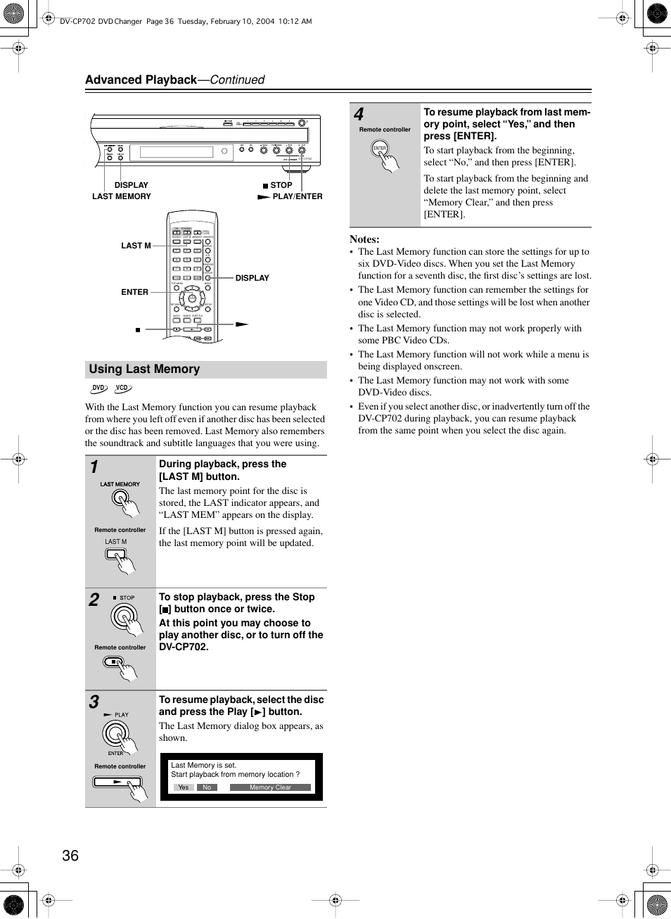 Advanced playback —continued | Onkyo DV-CP702 User Manual | Page 36 / 48
