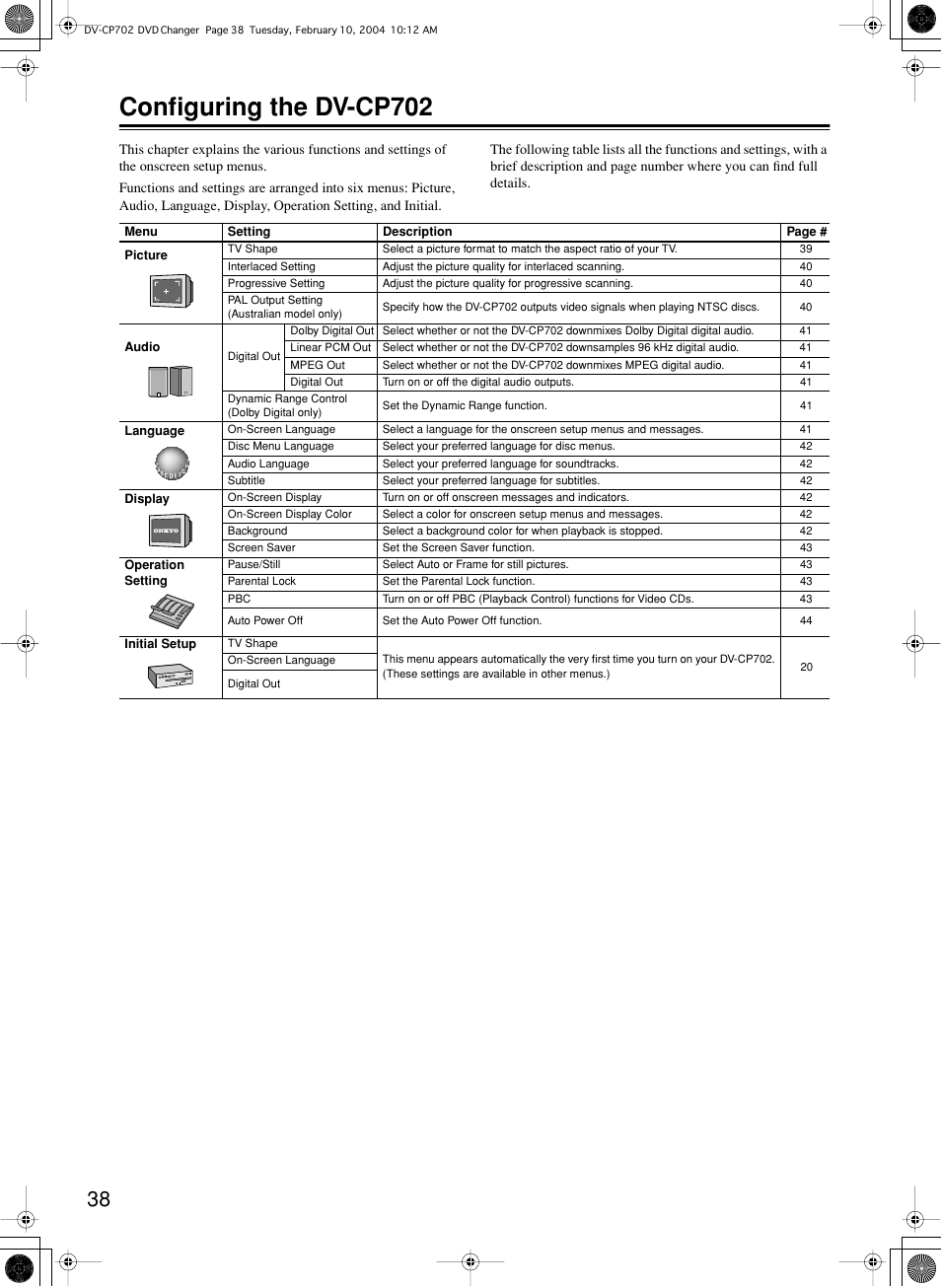 Configuring the dv-cp702 | Onkyo DV-CP702 User Manual | Page 38 / 48