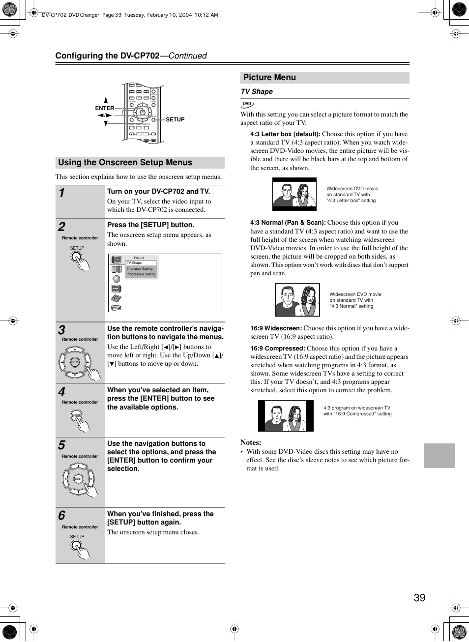 Configuring the dv-cp702 —continued, Using the onscreen setup menus, Picture menu | Onkyo DV-CP702 User Manual | Page 39 / 48