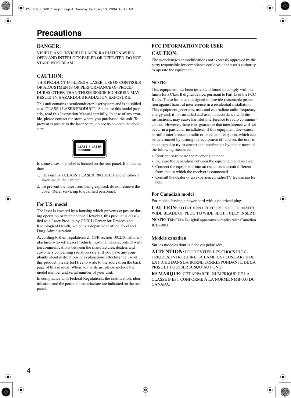 Precautions | Onkyo DV-CP702 User Manual | Page 4 / 48