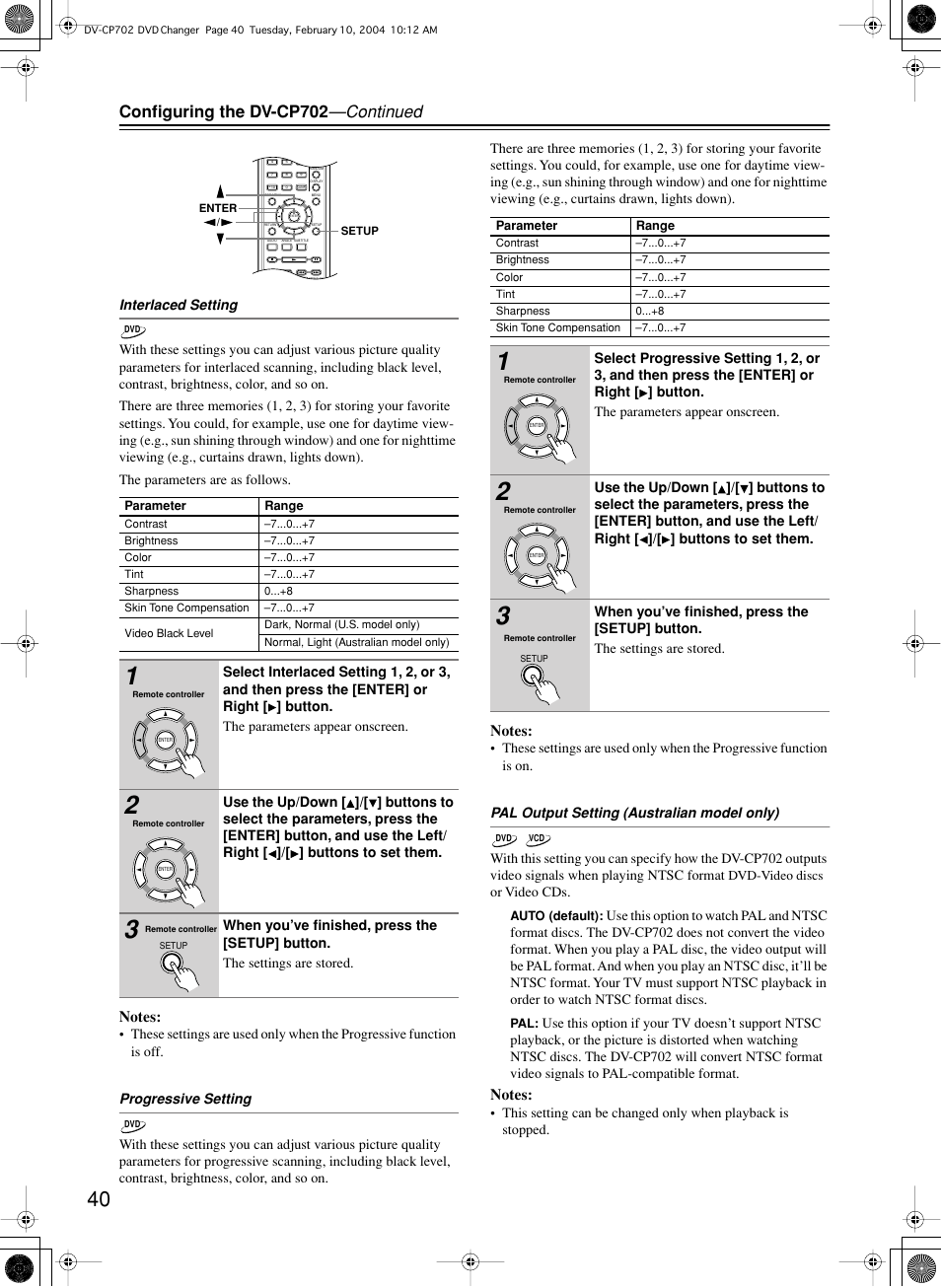 Configuring the dv-cp702 —continued | Onkyo DV-CP702 User Manual | Page 40 / 48