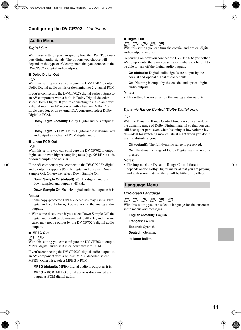 Configuring the dv-cp702 —continued, Audio menu, Language menu | Onkyo DV-CP702 User Manual | Page 41 / 48