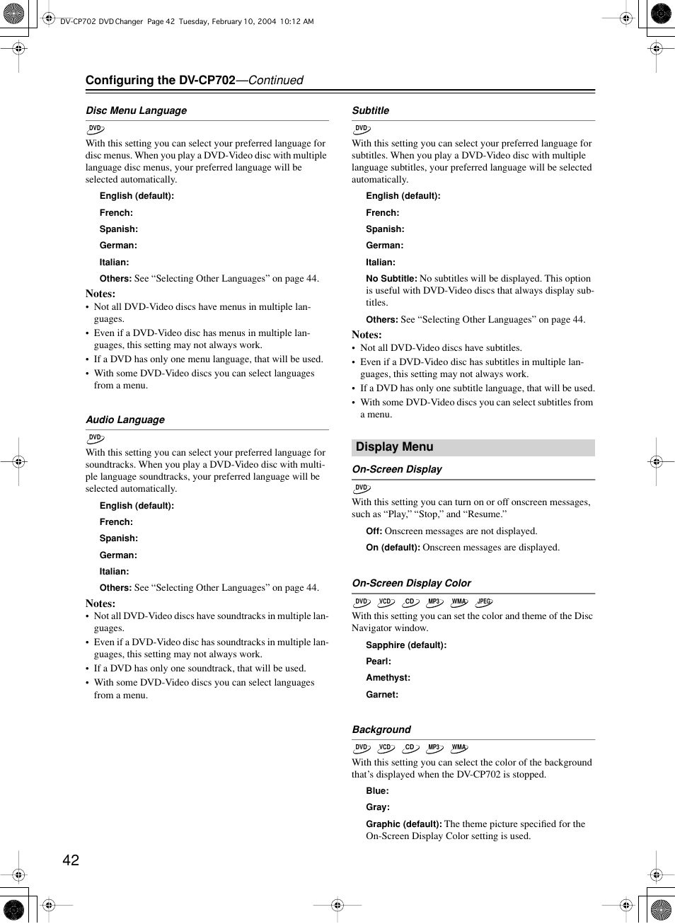 Configuring the dv-cp702 —continued, Display menu | Onkyo DV-CP702 User Manual | Page 42 / 48