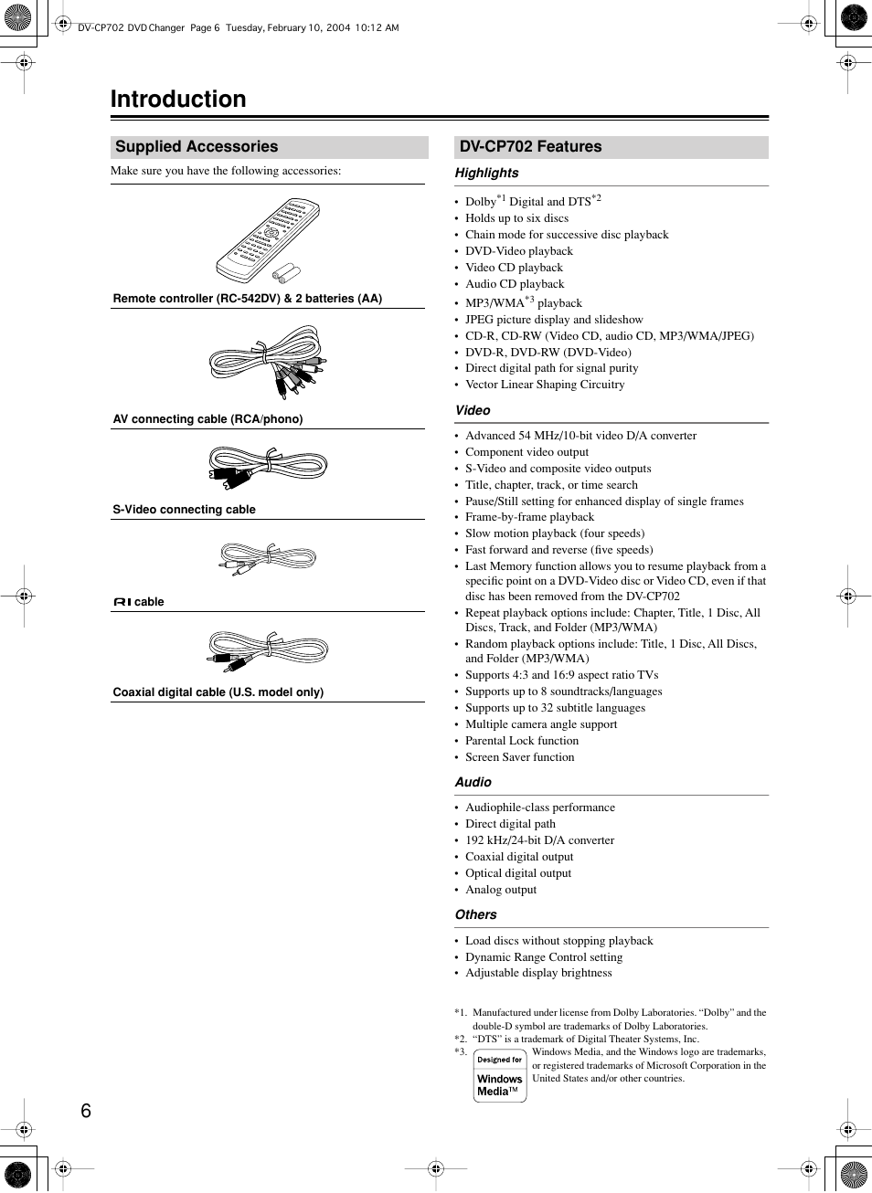 Introduction | Onkyo DV-CP702 User Manual | Page 6 / 48