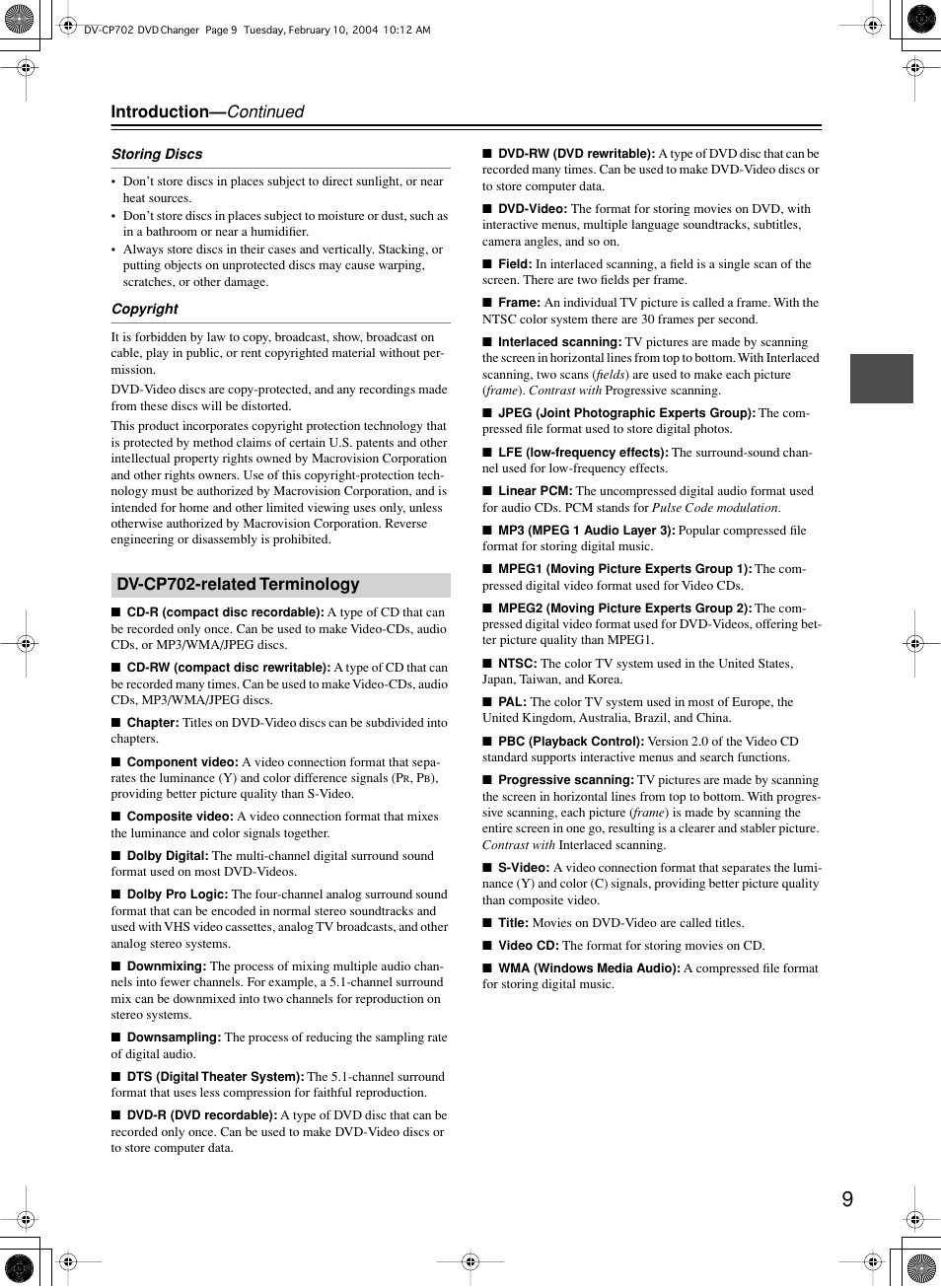 Introduction— continued, Dv-cp702-related terminology | Onkyo DV-CP702 User Manual | Page 9 / 48