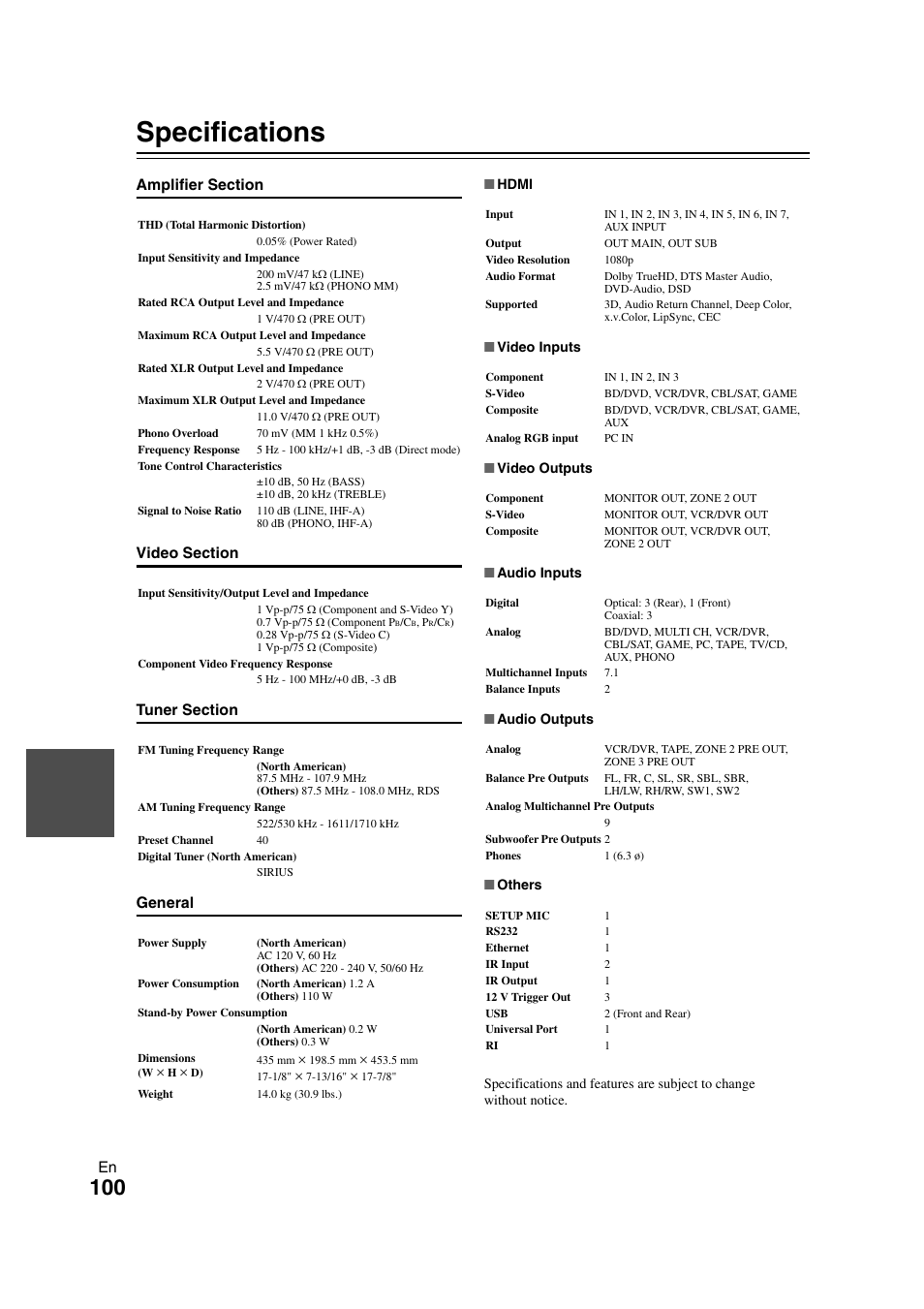 Specifications | Onkyo PR-SC5508 User Manual | Page 100 / 108