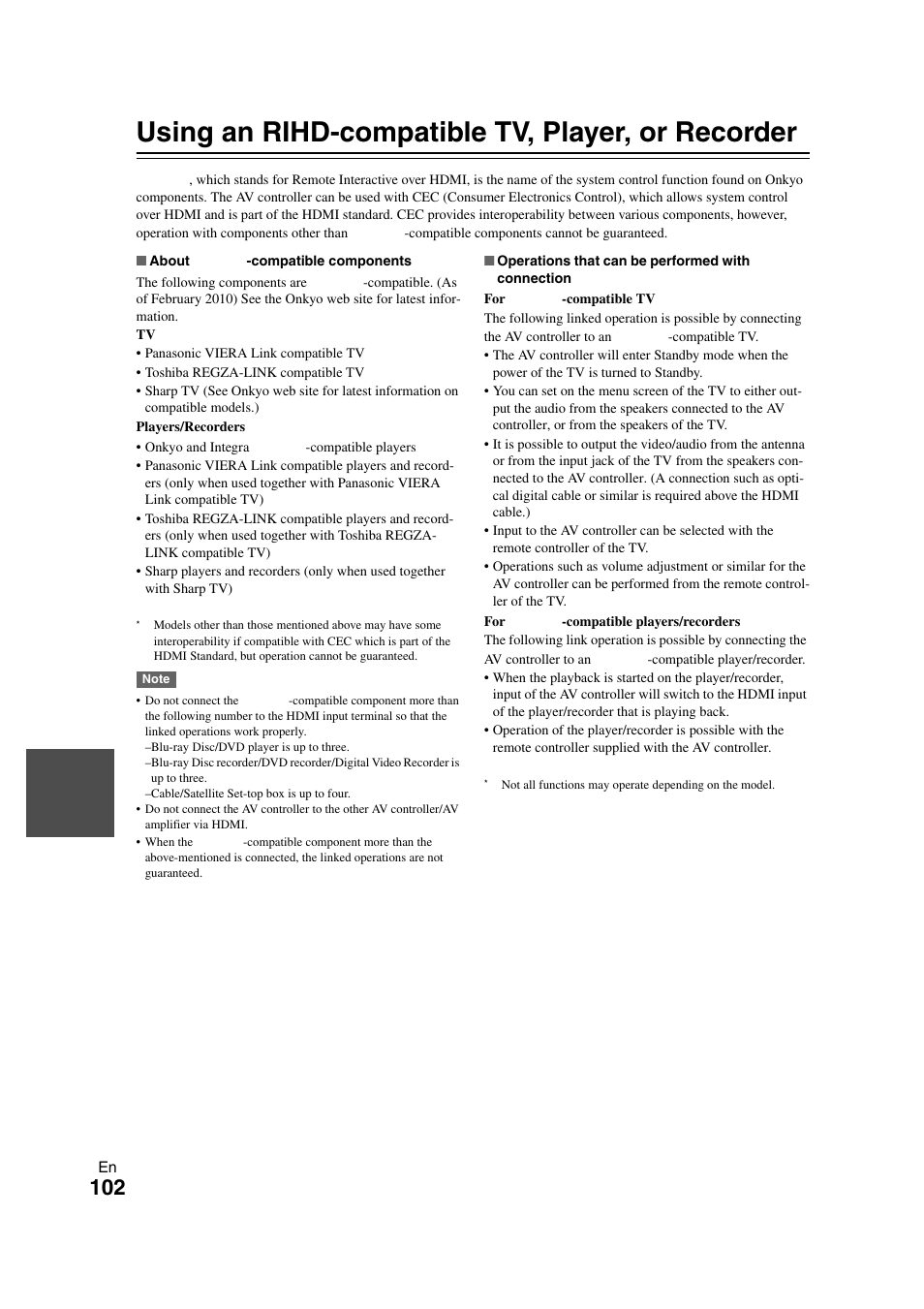 Using an rihd-compatible tv, player, or recorder, 102 to | Onkyo PR-SC5508 User Manual | Page 102 / 108