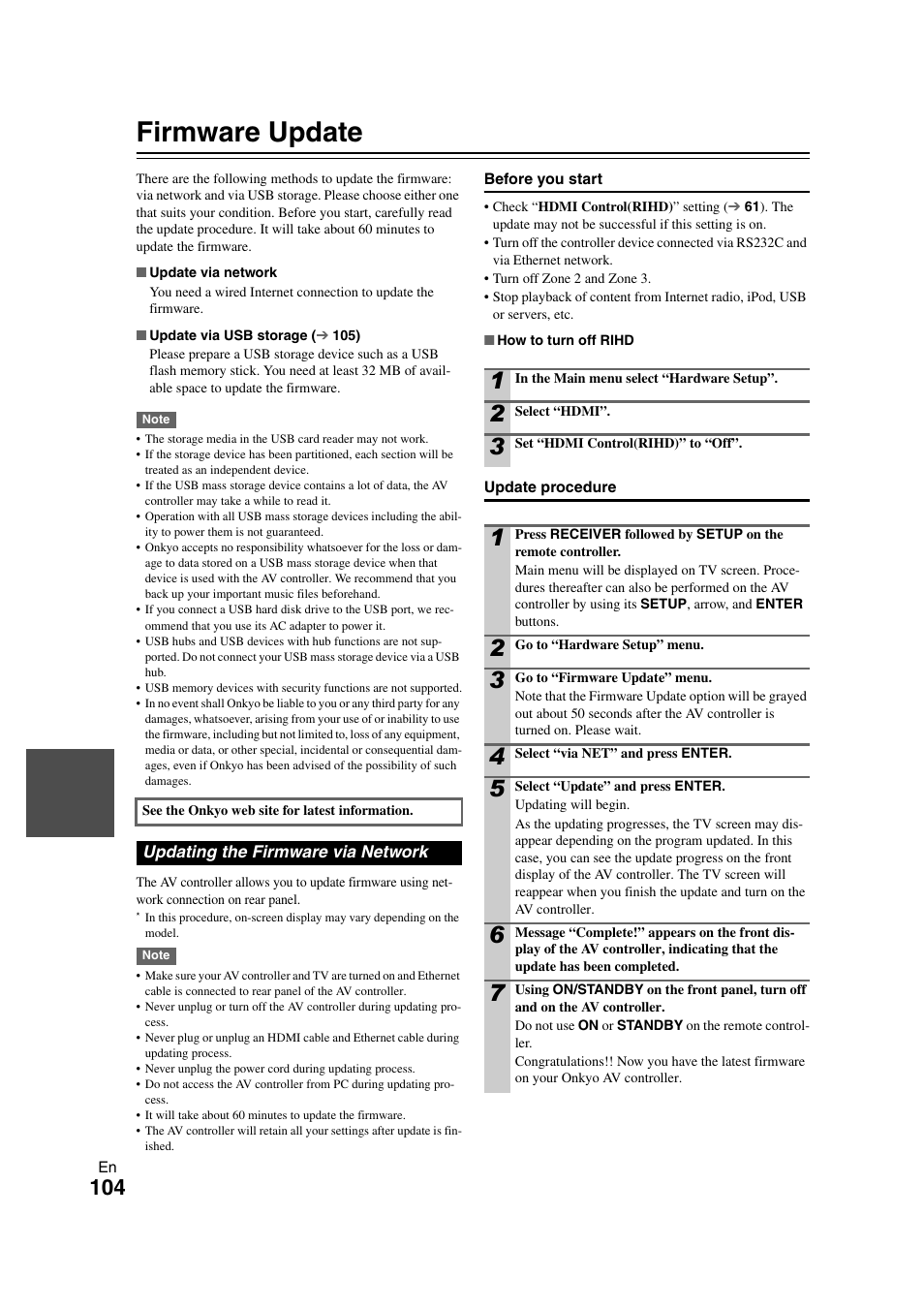 Firmware update, Updating the firmware via network, See “firmware update” for update procedure | Onkyo PR-SC5508 User Manual | Page 104 / 108