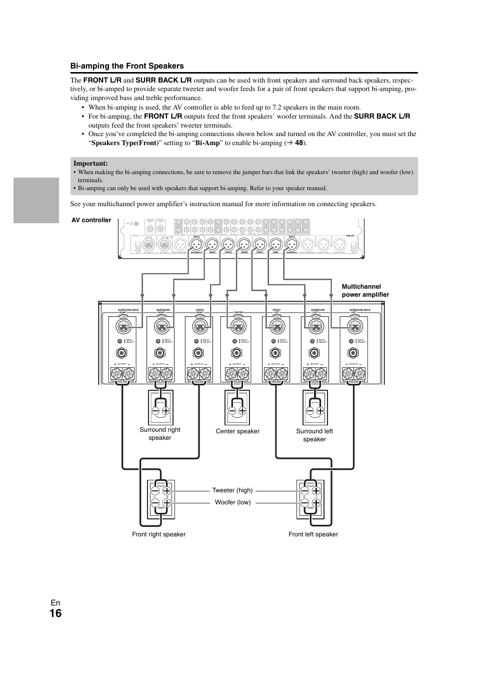 En bi-amping the front speakers | Onkyo PR-SC5508 User Manual | Page 16 / 108