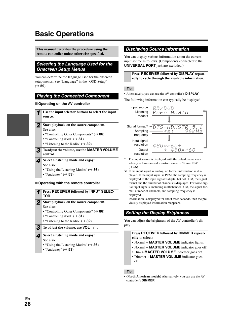 Basic operations, Playing the connected component, Displaying source information | Setting the display brightness, Selecting the language used for, The onscreen setup menus, Dicator, Tton | Onkyo PR-SC5508 User Manual | Page 26 / 108