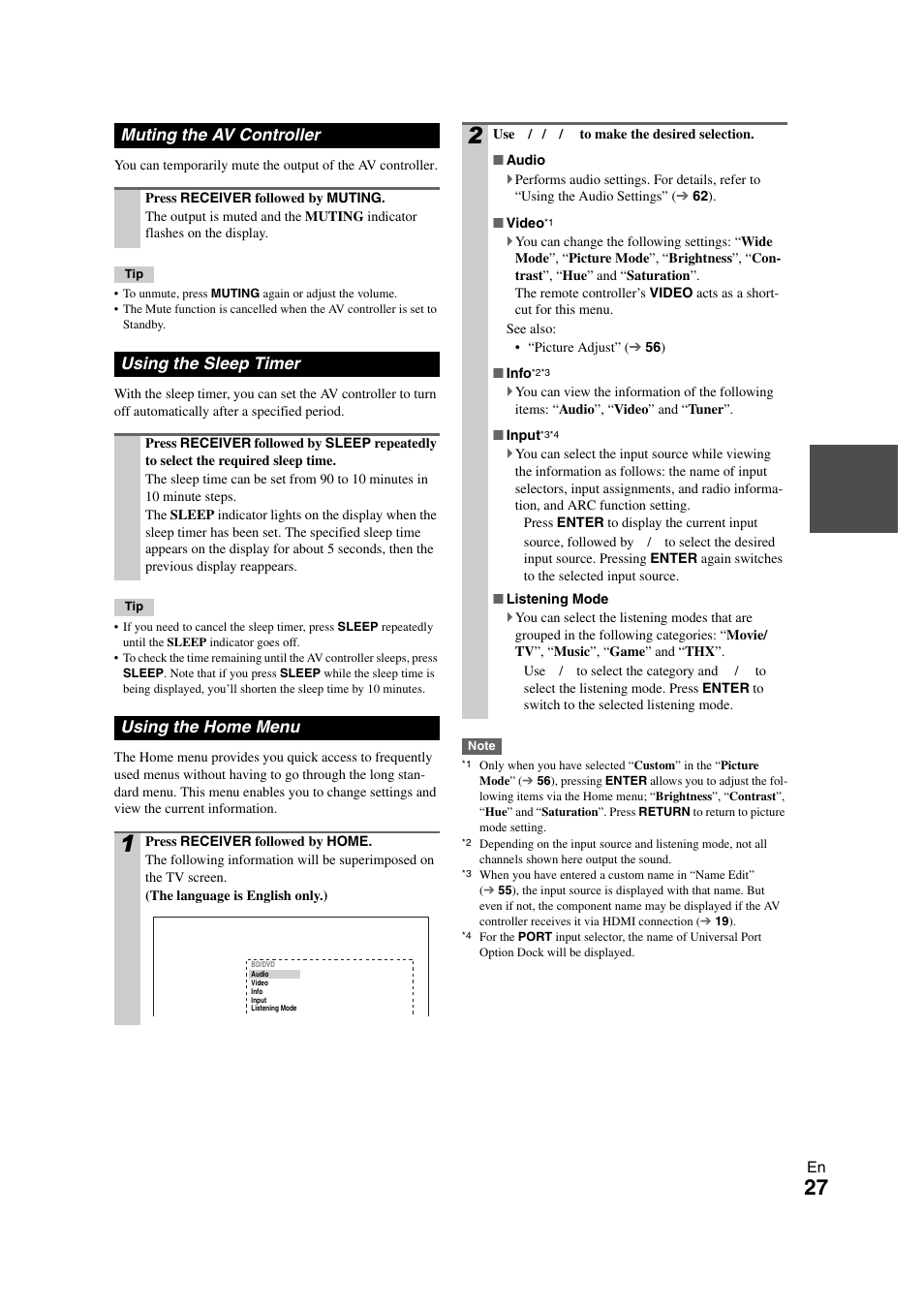 Muting the av controller, Using the sleep timer, Using the home menu | Tton | Onkyo PR-SC5508 User Manual | Page 27 / 108