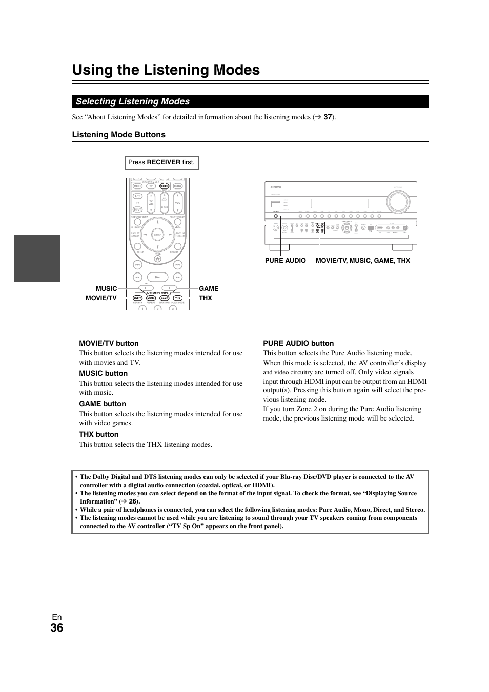 Using the listening modes, Selecting listening modes | Onkyo PR-SC5508 User Manual | Page 36 / 108