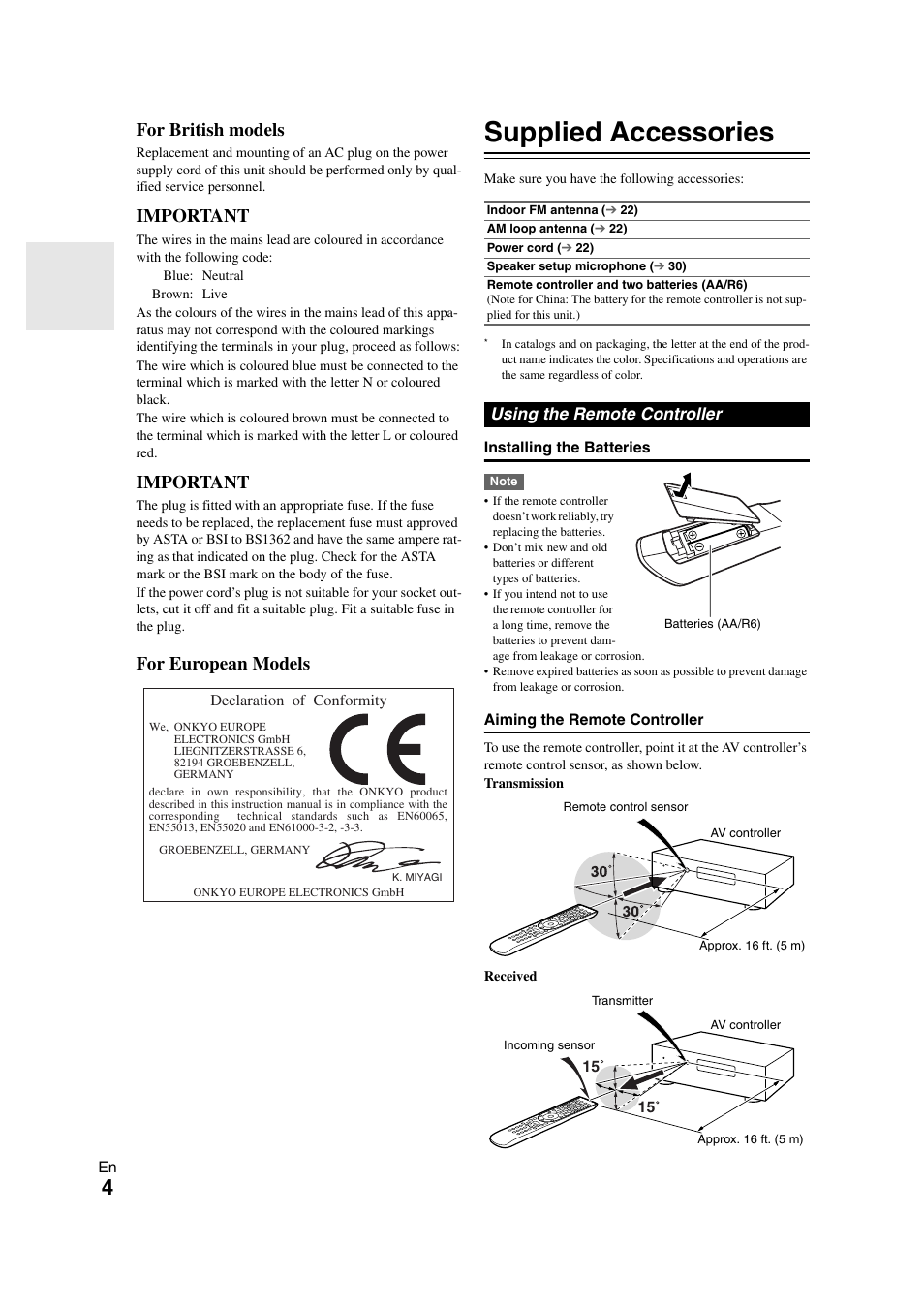 Supplied accessories, Using the remote controller, For british models | Important, For european models | Onkyo PR-SC5508 User Manual | Page 4 / 108