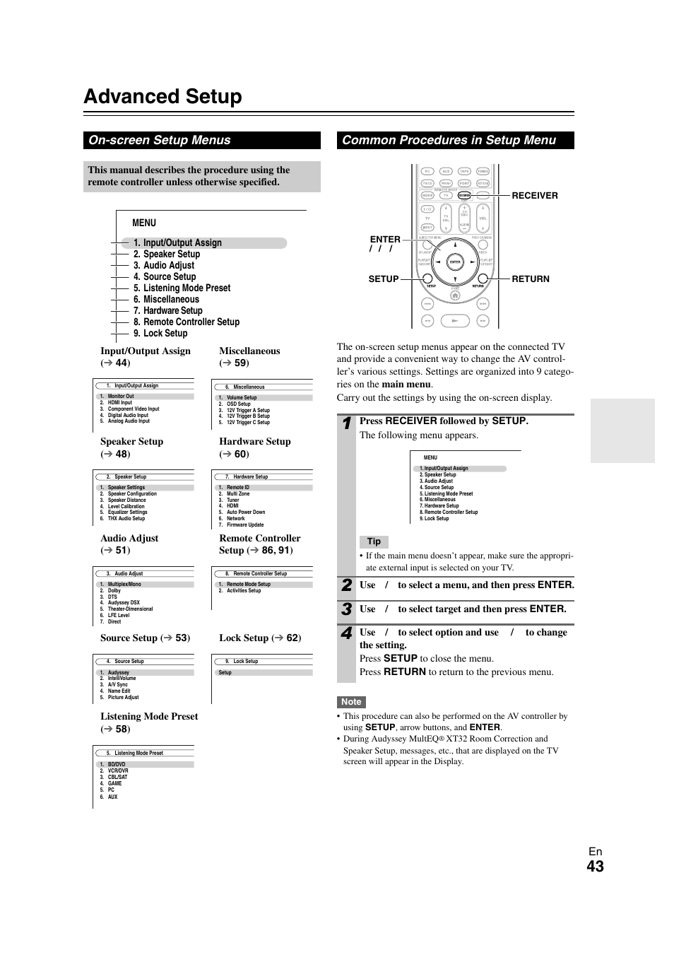 Advanced operations, Advanced setup, On-screen setup menus | Common procedures in setup menu, See “advanced setup” f, Details, Advanced setup” f | Onkyo PR-SC5508 User Manual | Page 43 / 108