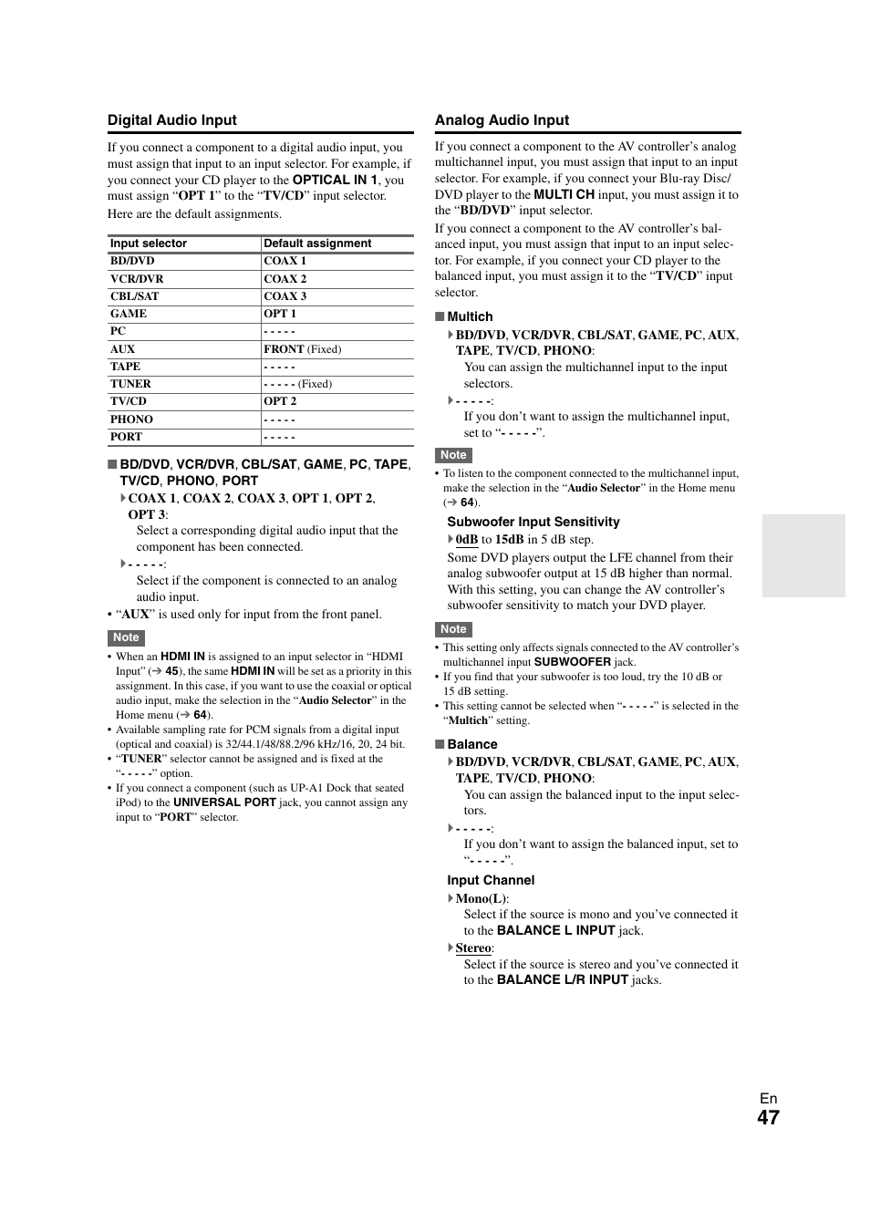 See “analog audio input, See “subwoofer input, Sensitivity | Iority in the “digital audio input | Onkyo PR-SC5508 User Manual | Page 47 / 108
