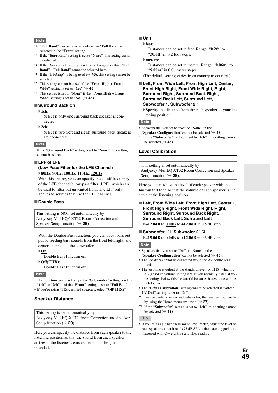 Speaker distance, Level calibration | Onkyo PR-SC5508 User Manual | Page 49 / 108