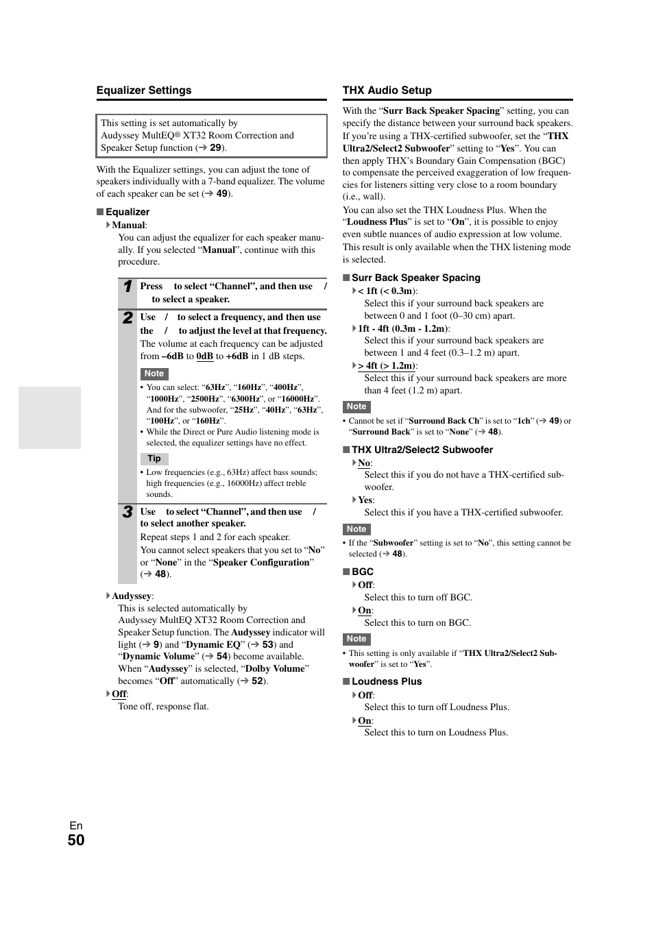 50 ). on, Equalizer settings | Onkyo PR-SC5508 User Manual | Page 50 / 108