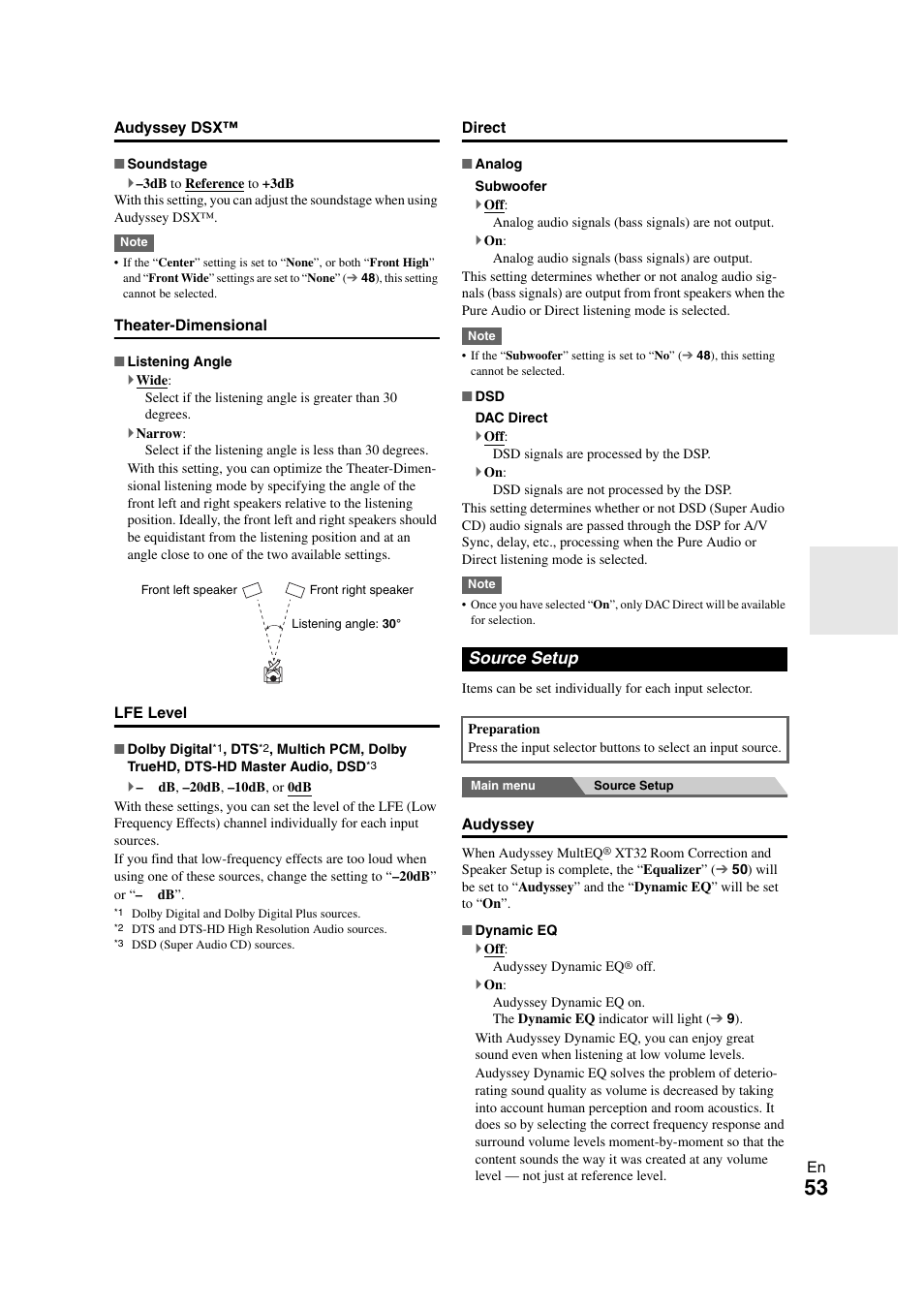 Source setup, Audyssey, 53 ), the | 53 ) and | Onkyo PR-SC5508 User Manual | Page 53 / 108