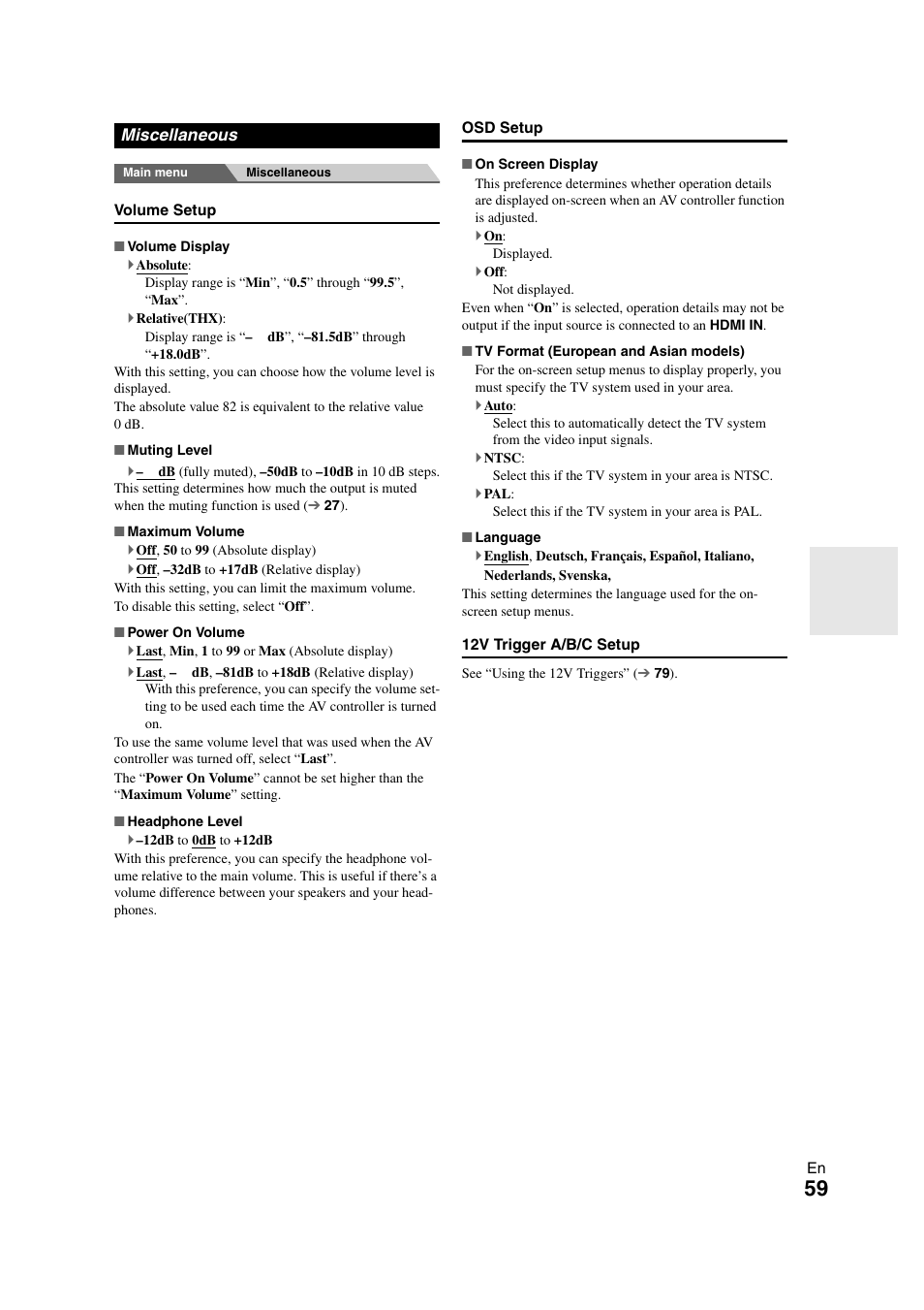 Miscellaneous, S. see “language” in the “osd setup | Onkyo PR-SC5508 User Manual | Page 59 / 108