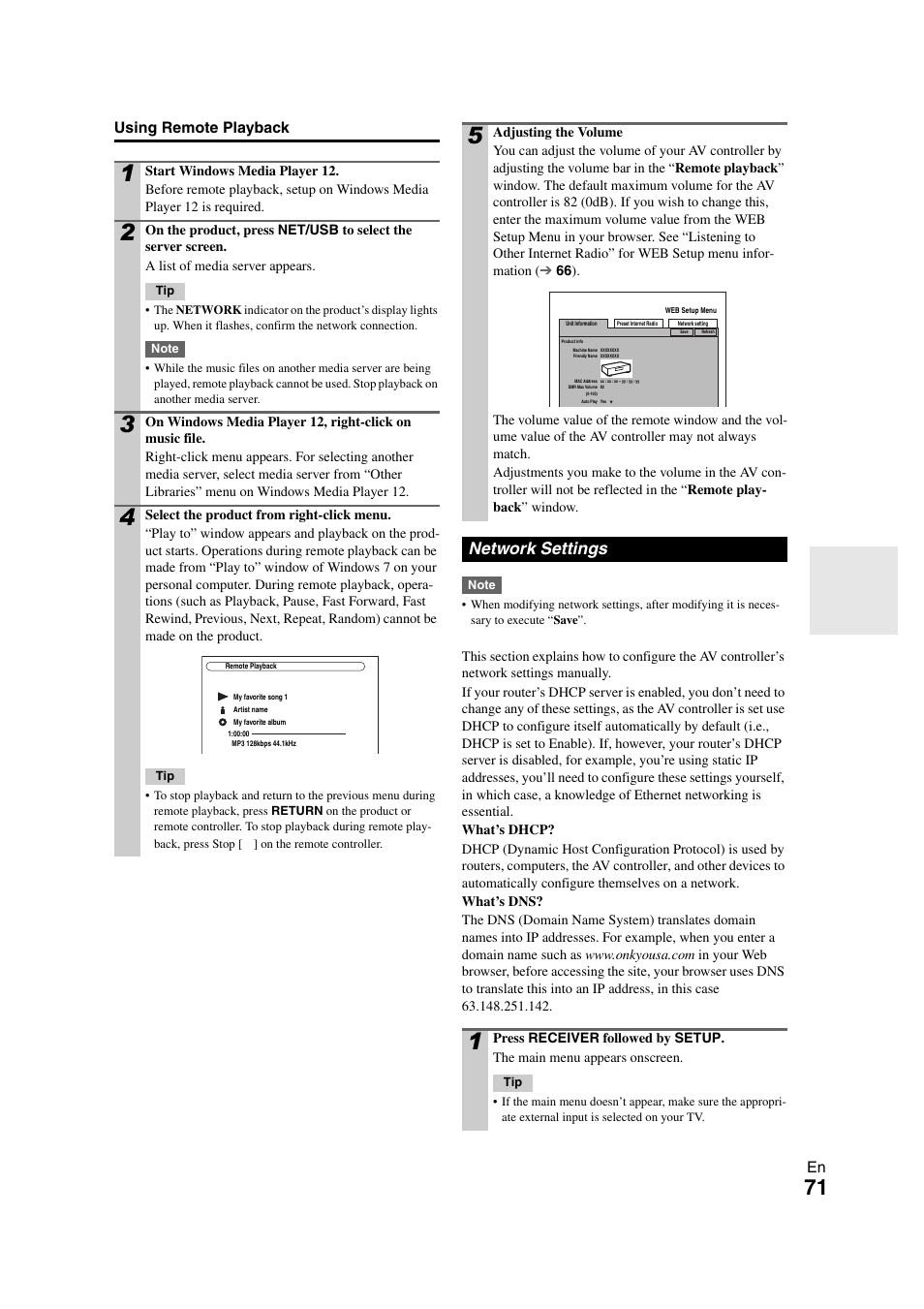 Network settings, See “network settings, En using remote playback | Onkyo PR-SC5508 User Manual | Page 71 / 108
