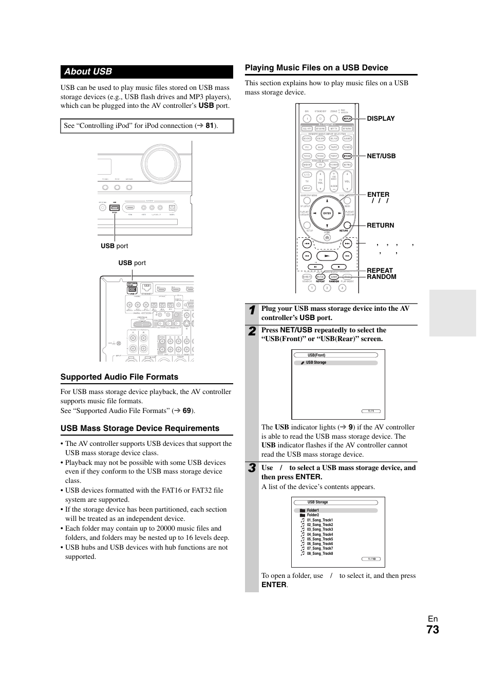 About usb | Onkyo PR-SC5508 User Manual | Page 73 / 108