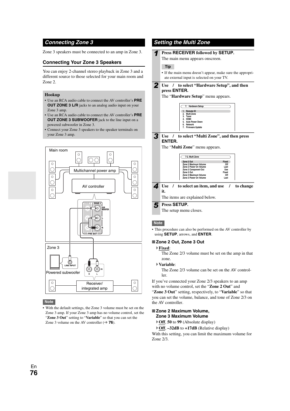 Connecting zone 3, Setting the multi zone, Connecting zone 3 setting the multi zone | E “setting the multi zone | Onkyo PR-SC5508 User Manual | Page 76 / 108