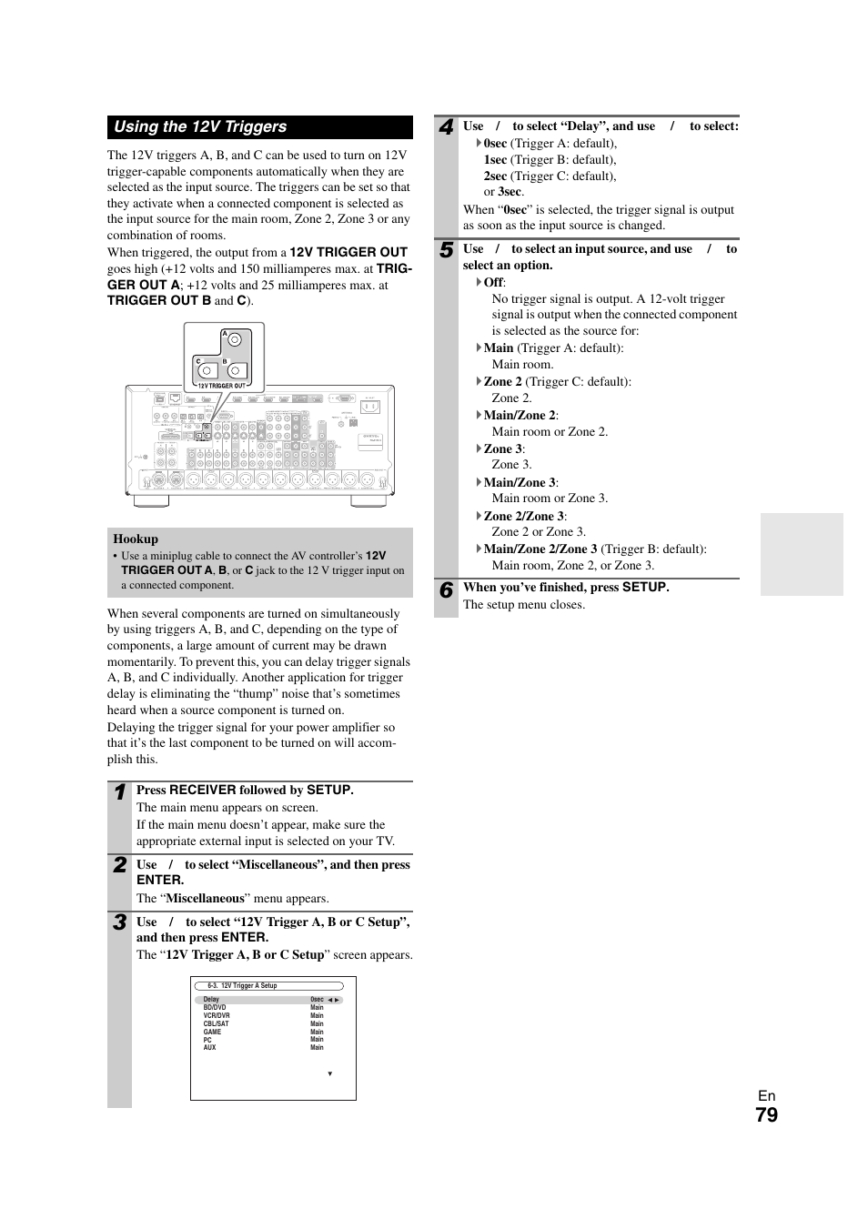 Using the 12v triggers, See “using the 12v triggers | Onkyo PR-SC5508 User Manual | Page 79 / 108