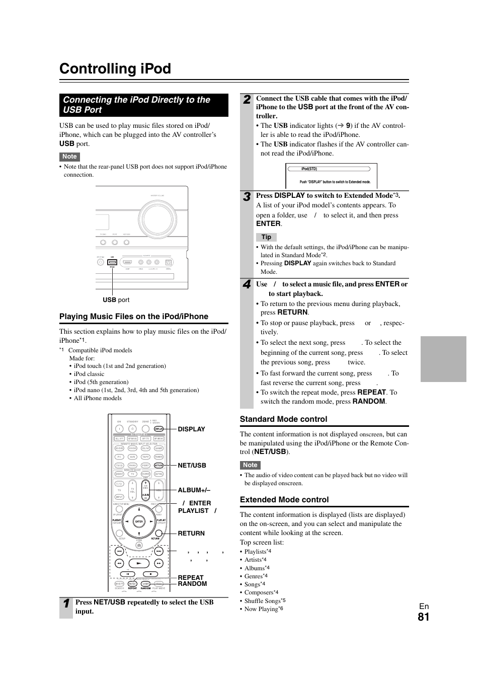 Controlling ipod & other components, Controlling ipod, Connecting the ipod directly to the usb port | Controlling ipod & other, Components, See “controlling ipod, Connection | Onkyo PR-SC5508 User Manual | Page 81 / 108