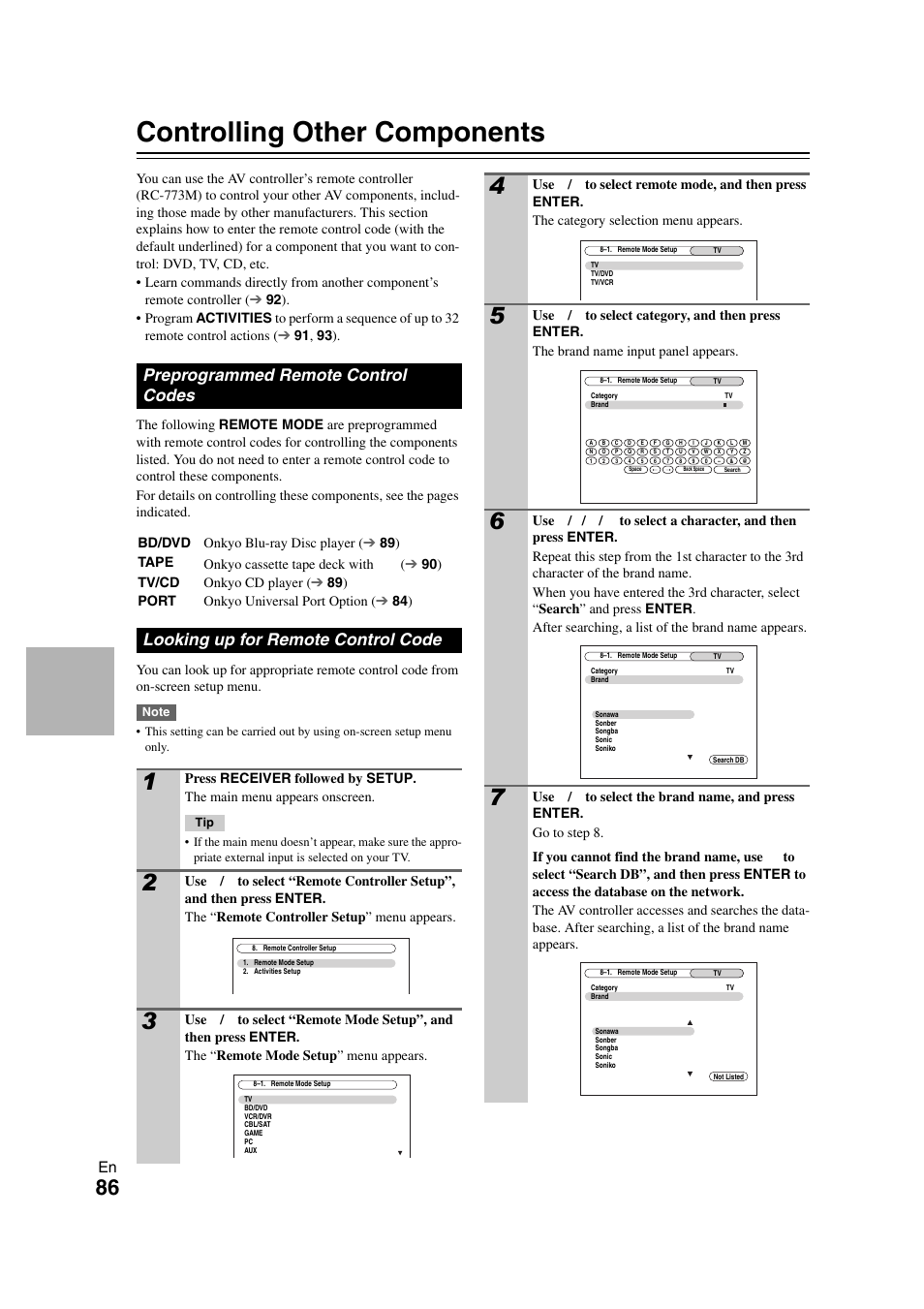 Controlling other components, Preprogrammed remote control codes, Looking up for remote control code | Onkyo PR-SC5508 User Manual | Page 86 / 108