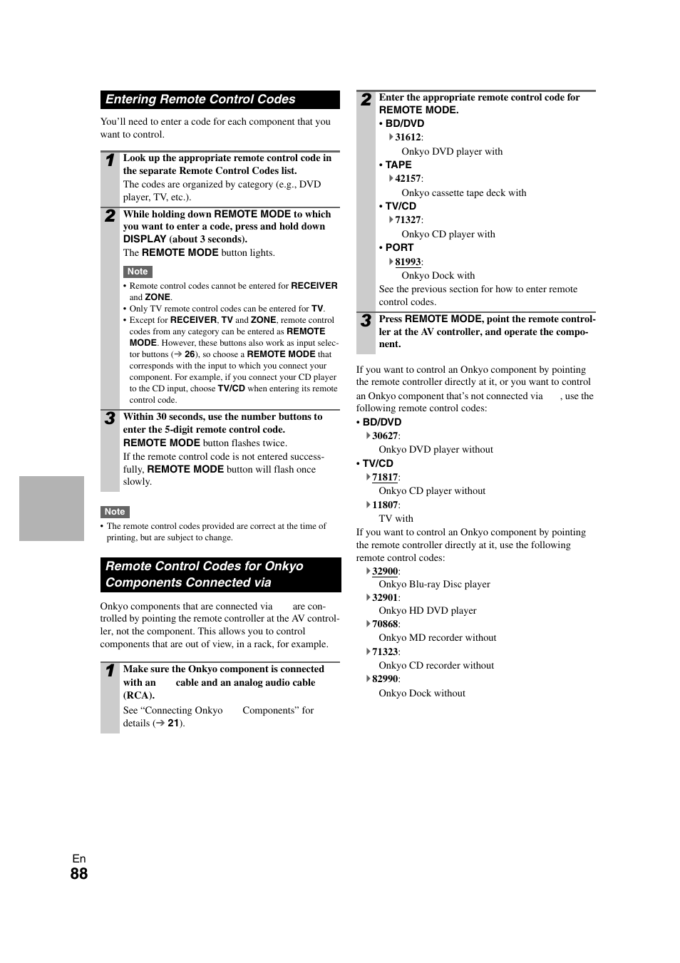 Entering remote control codes, Connected via, E “entering remote control codes” f | E using, Time, See “entering remote control codes” for details | Onkyo PR-SC5508 User Manual | Page 88 / 108
