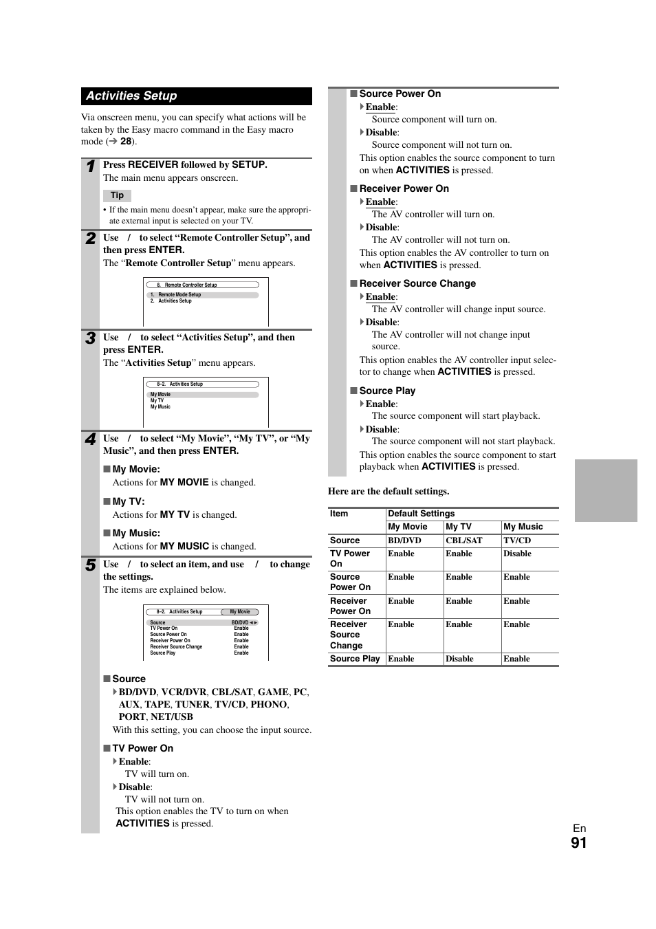 Activities setup, Remote control actions | Onkyo PR-SC5508 User Manual | Page 91 / 108
