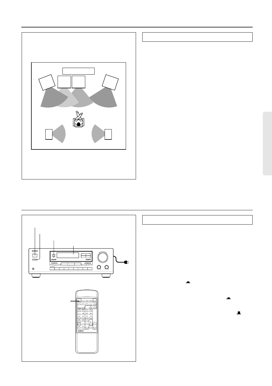 Positioning speakers, Connecting the power, Plug the power cord into an ac wall outlet | Press the power switch to set it to the on() po, Press the standby/on button or power button on, Positioning speakers connecting the power, Standard speaker placement | Onkyo TX-DS484 User Manual | Page 11 / 32