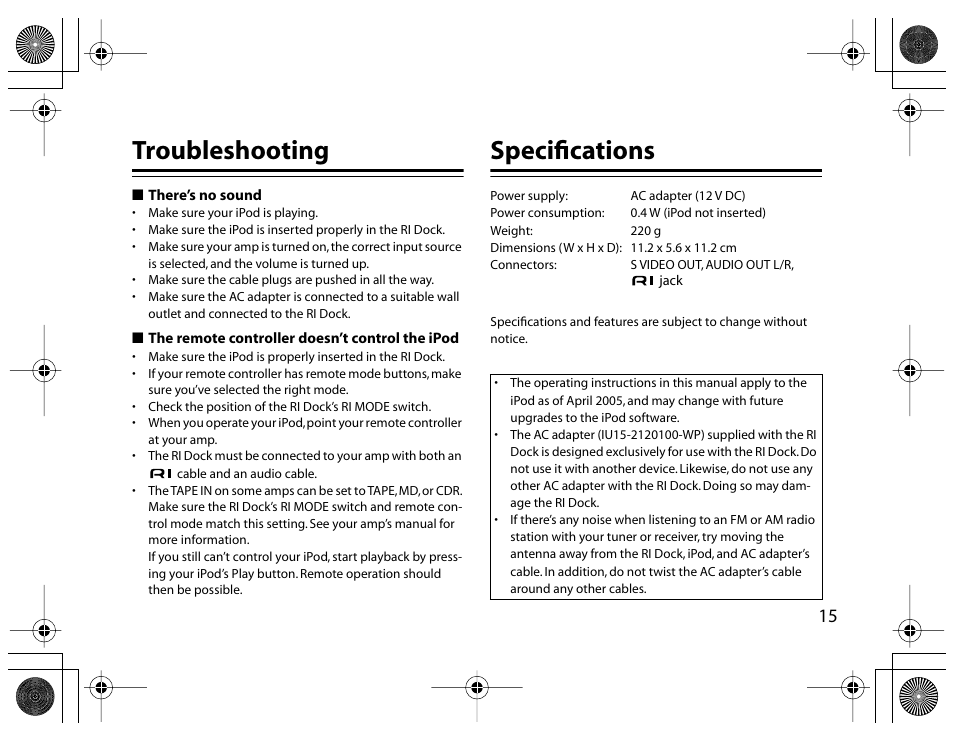 Troubleshooting, Specifications | Onkyo DS-A1 User Manual | Page 15 / 18