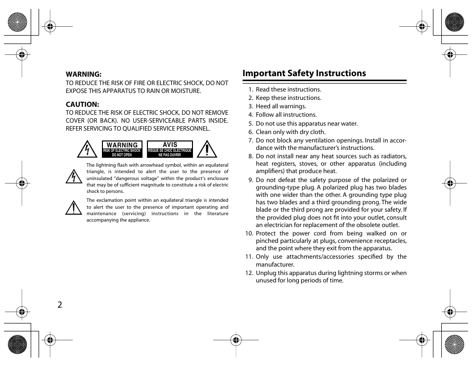 Important safety instructions, 2 important safety instructions | Onkyo DS-A1 User Manual | Page 2 / 18