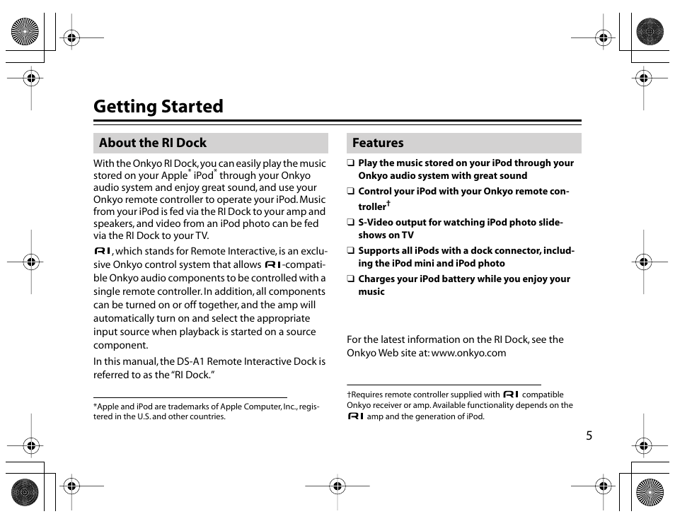 Getting started, About the ri dock, Features | About the ri dock features | Onkyo DS-A1 User Manual | Page 5 / 18