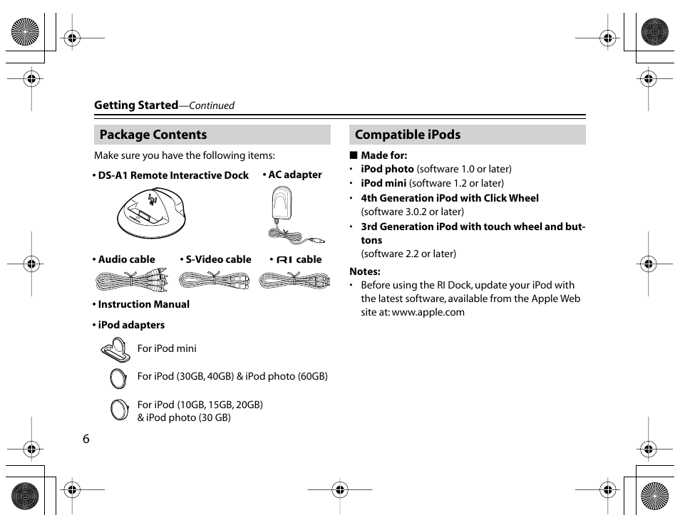 Package contents, Compatible ipods, Package contents compatible ipods | Onkyo DS-A1 User Manual | Page 6 / 18