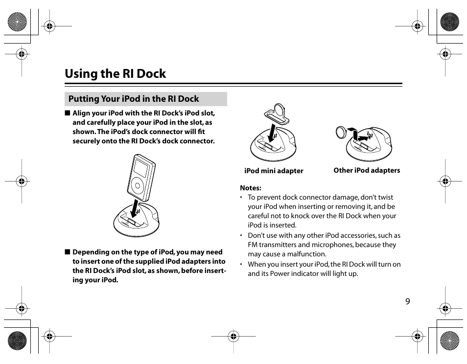 Using the ri dock, Putting your ipod in the ri dock | Onkyo DS-A1 User Manual | Page 9 / 18