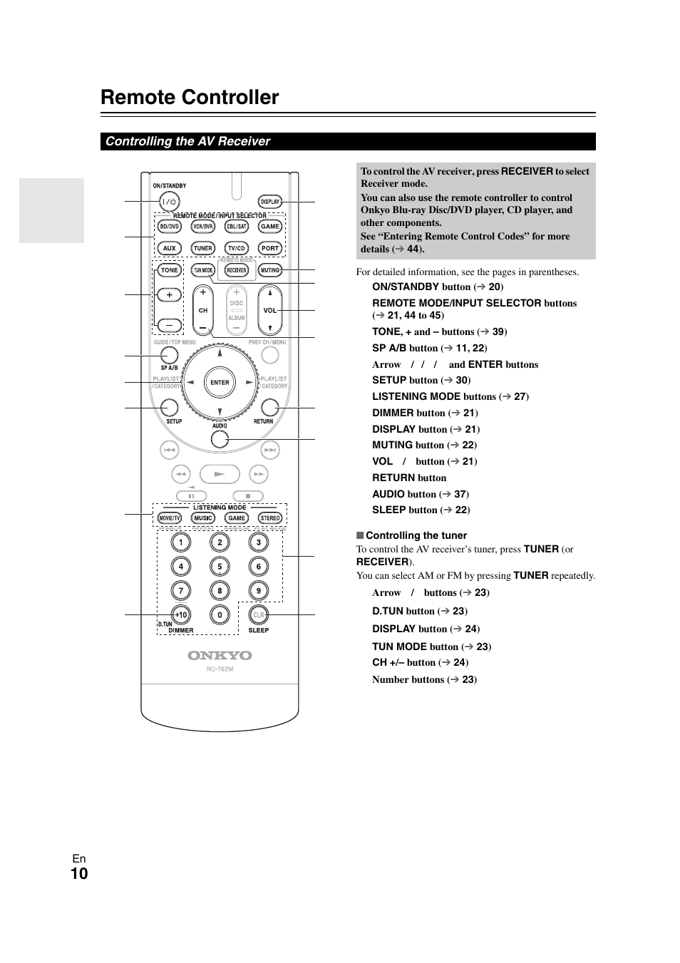 Remote controller, Controlling the av receiver | Onkyo HT-S3300 User Manual | Page 10 / 56