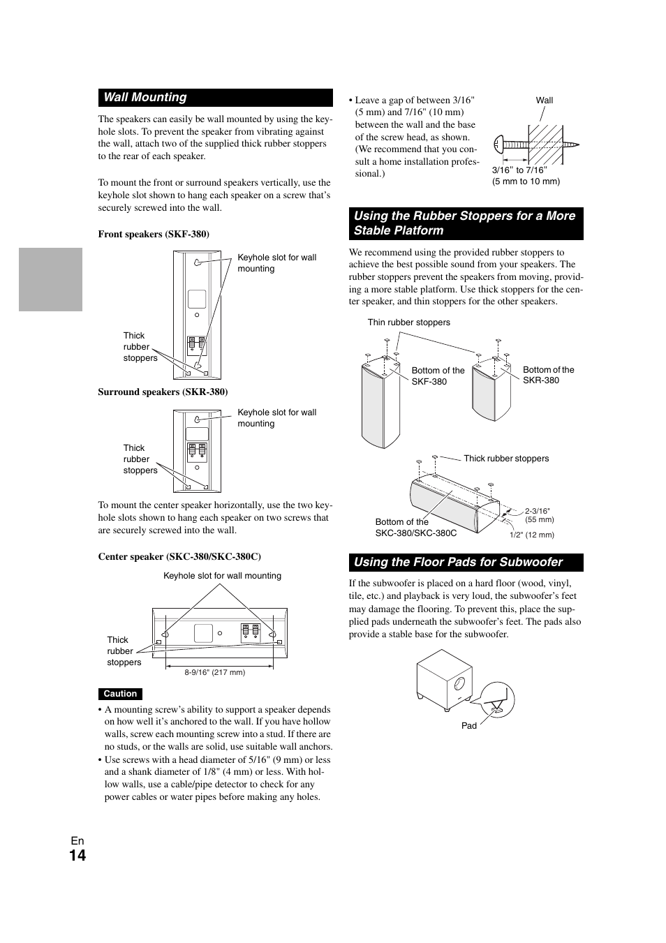 Wall mounting, Using the floor pads for subwoofer, See “wall mounting” for | Onkyo HT-S3300 User Manual | Page 14 / 56