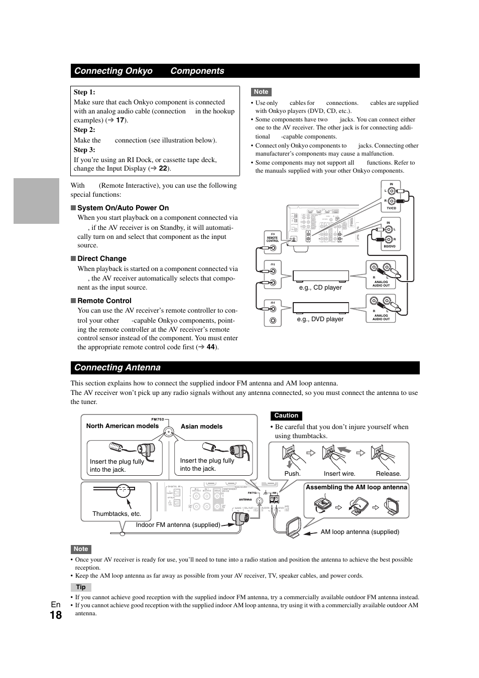 Connecting onkyo ri components, Connecting antenna, Connecting onkyo components | Onkyo HT-S3300 User Manual | Page 18 / 56