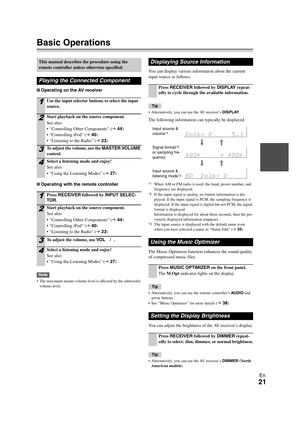 Basic operations, Playing the connected component, Displaying source information | Using the music optimizer, Setting the display brightness, Tton | Onkyo HT-S3300 User Manual | Page 21 / 56