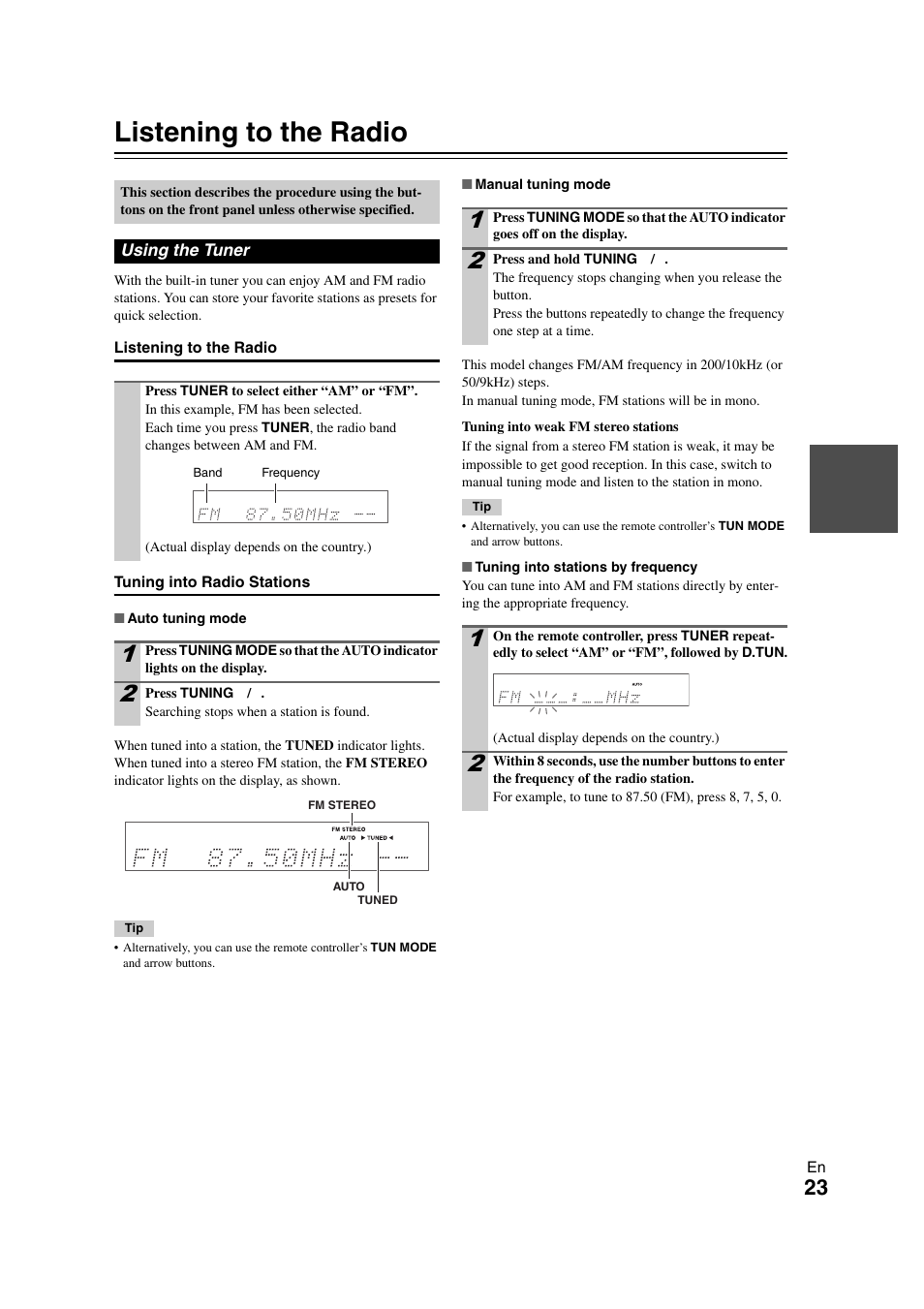 Listening to the radio, Using the tuner, Tton | Onkyo HT-S3300 User Manual | Page 23 / 56