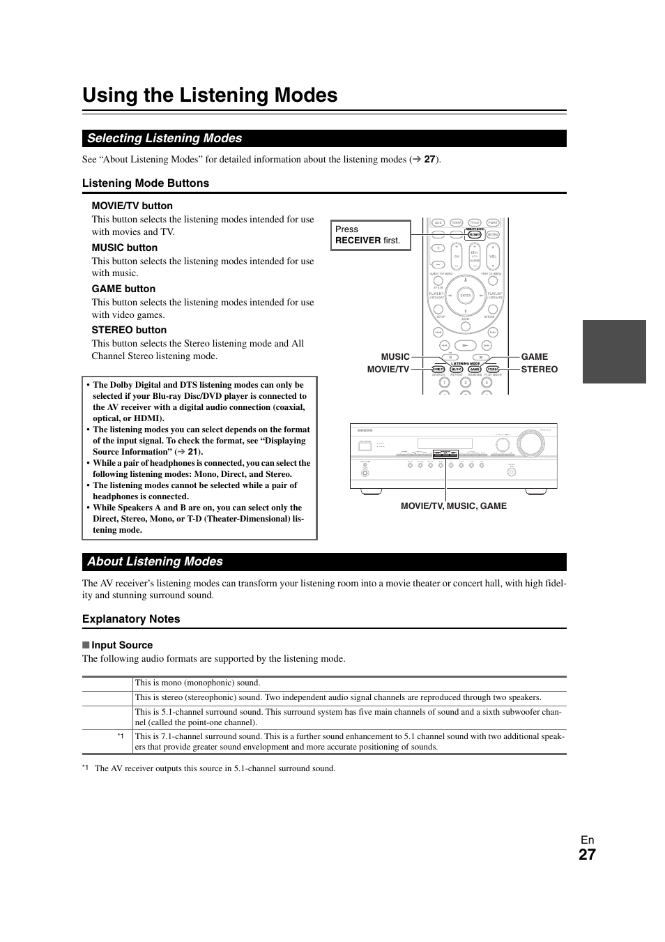 Using the listening modes, Selecting listening modes, About listening modes | Onkyo HT-S3300 User Manual | Page 27 / 56